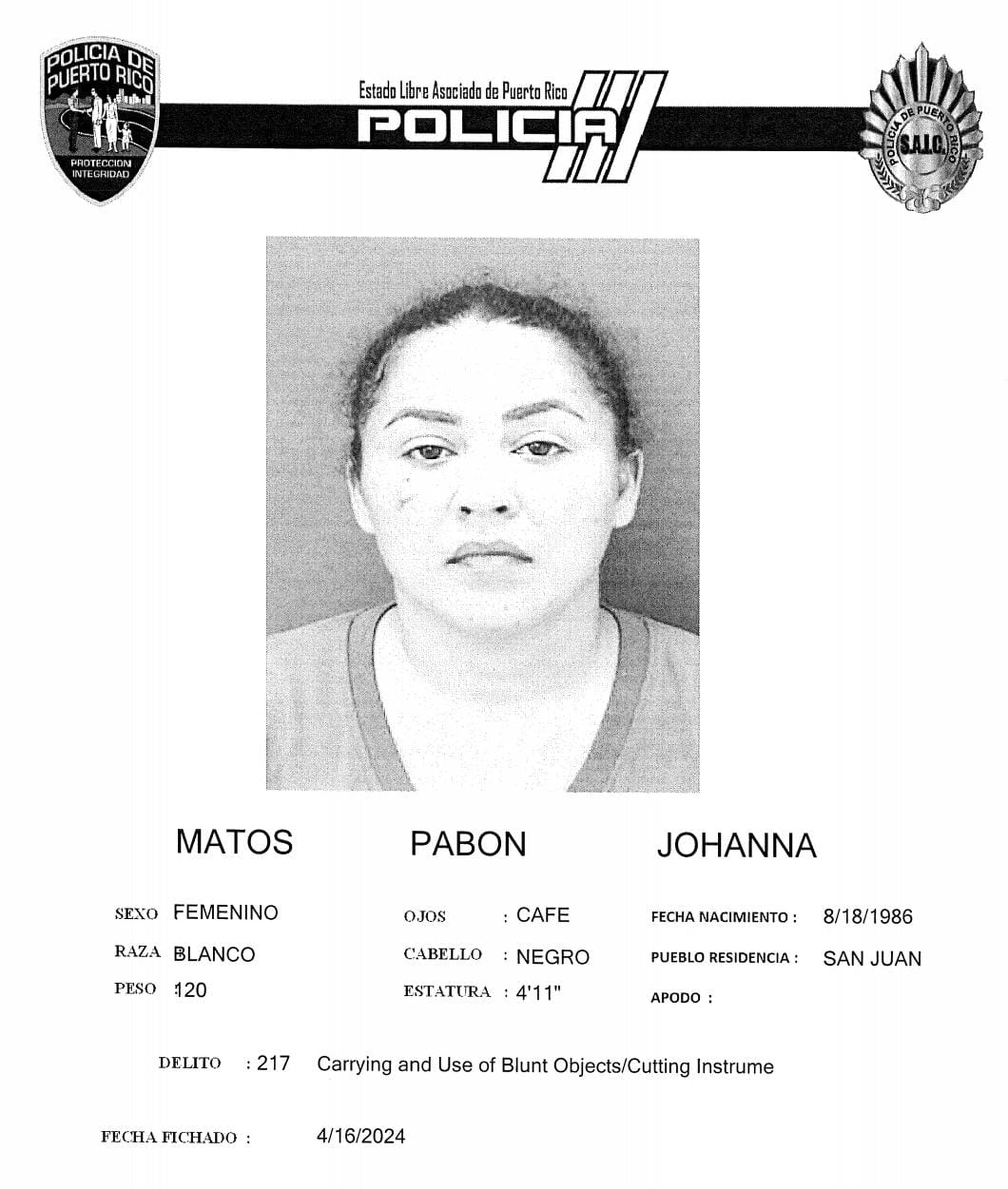 Johana Matos Pabón está acusada de maltrato de menores y violación a la Ley de Armas.