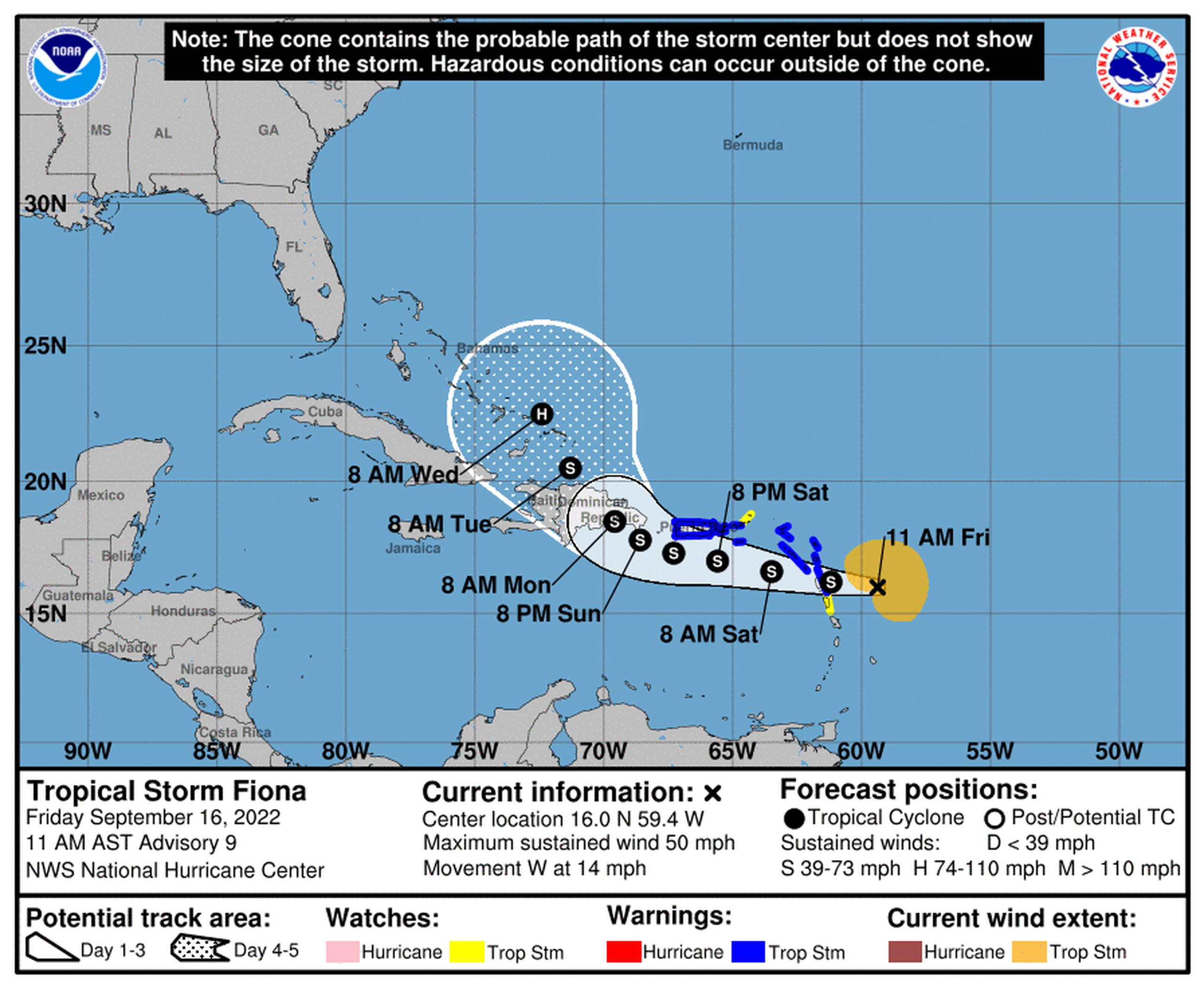 Pronóstico de la tormenta tropical Fiona emitido a las 11:00 de la mañana del 16 de septiembre de 2022.
