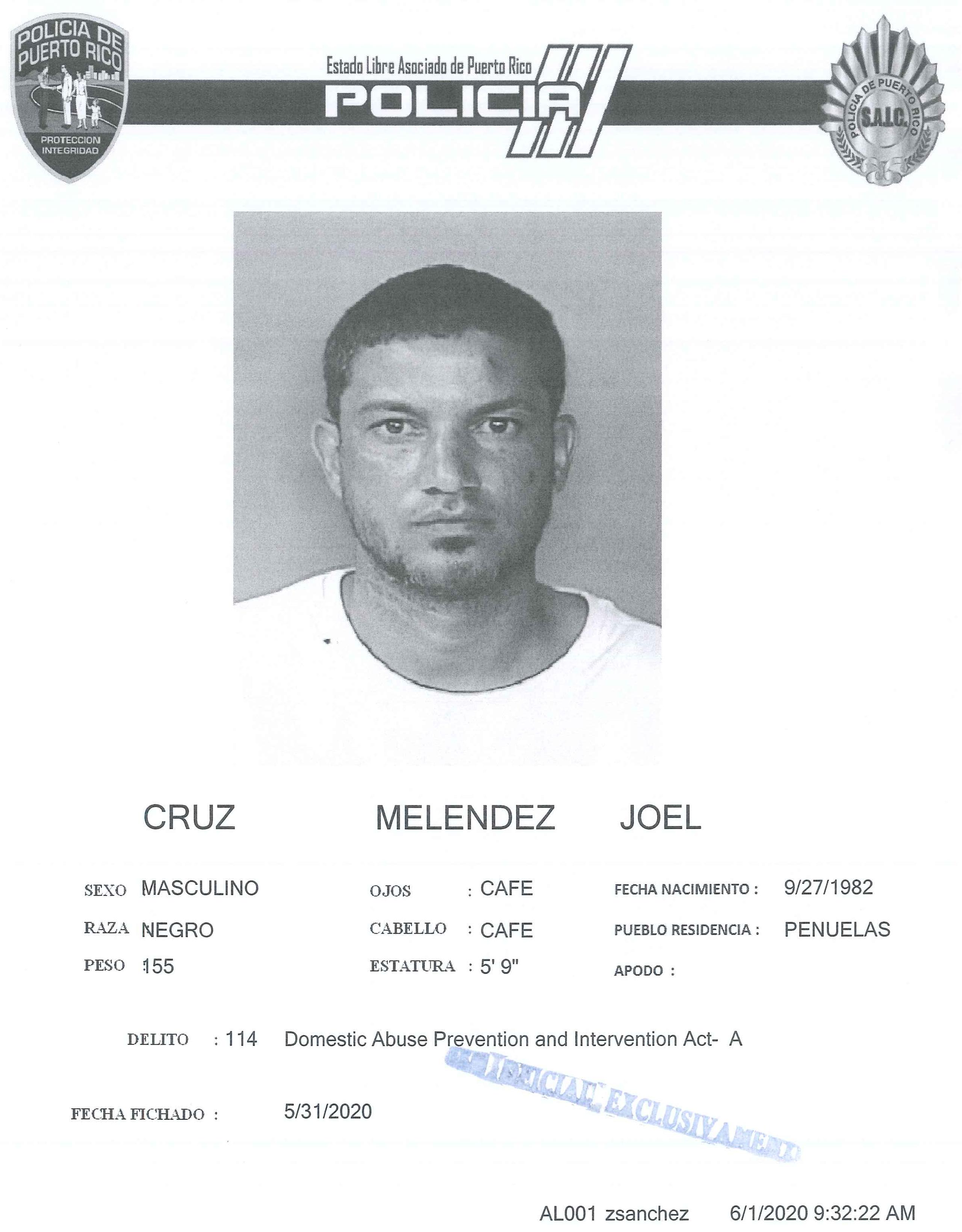 Ficha policíaca de Joel Cruz Meléndez.