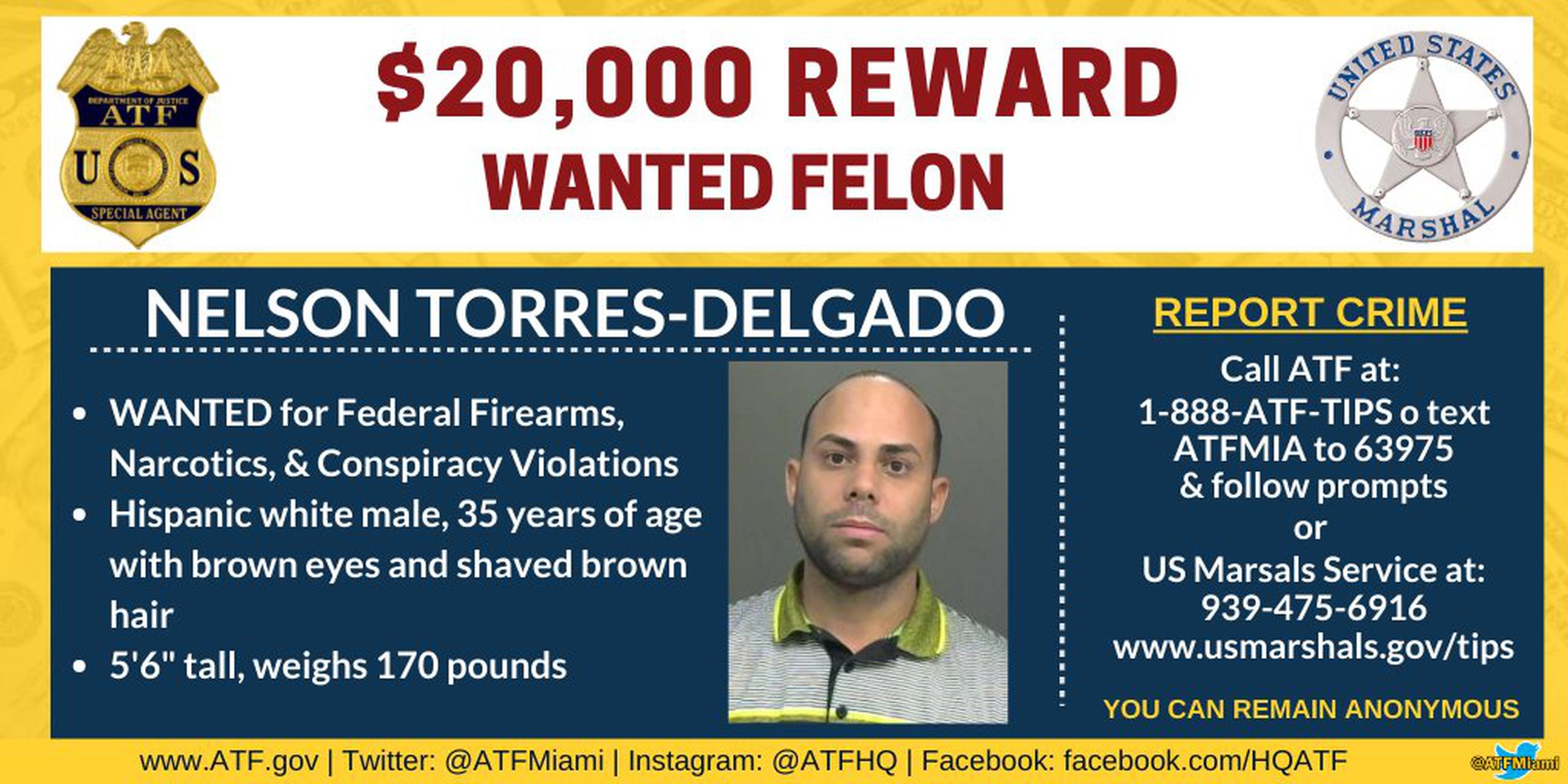 Ficha de Nelson Torres Delgado, alias "El Burro", compartida por la Agencia de Alcohol, Tabaco, Armas de Fuego y Explosivos (ATF, en inglés).