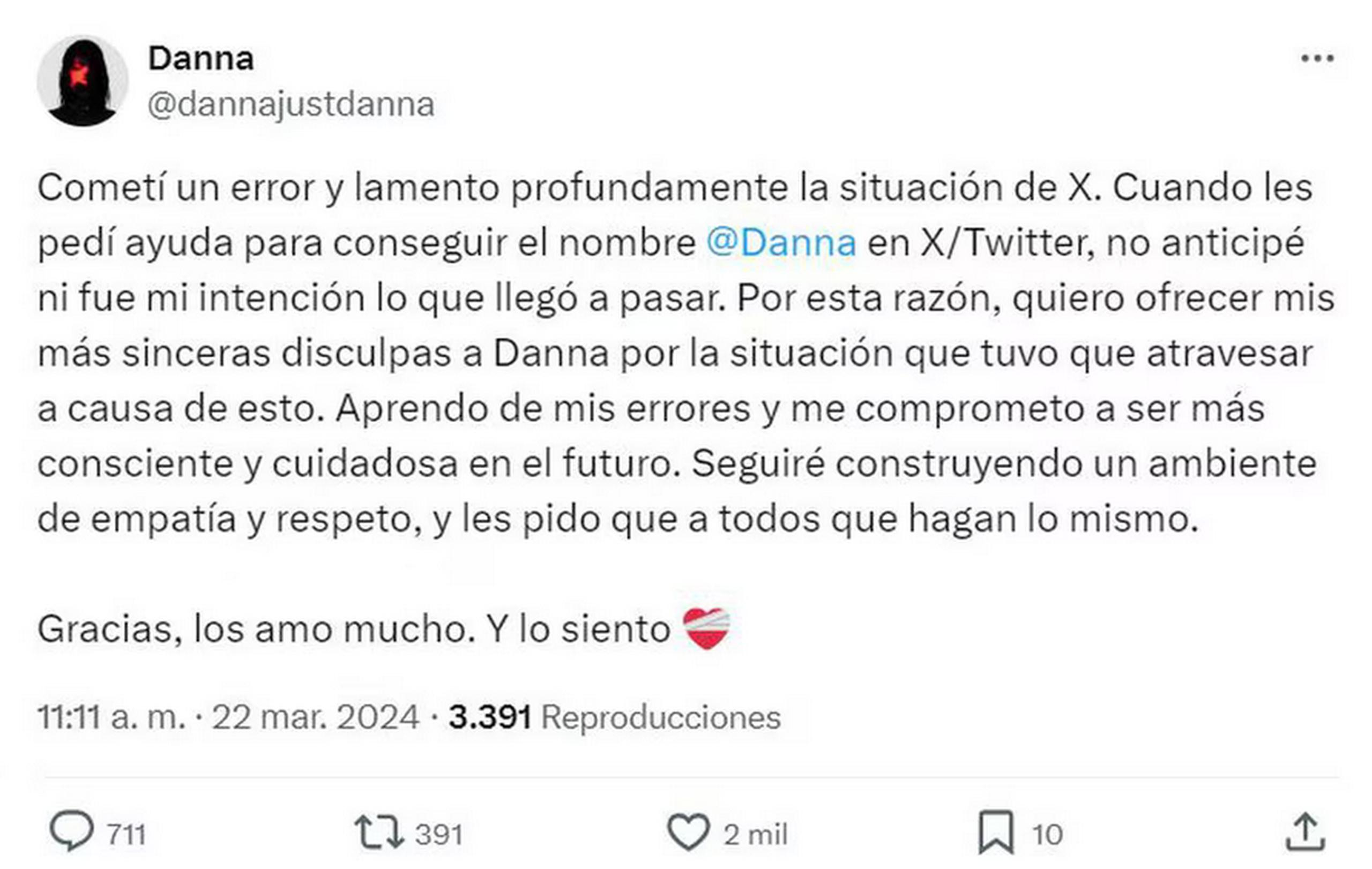 Danna Paola acude a su cuenta en X, antes Twitter, para disculparse por incitar el acoso contra una usuaria que comparte su nombre.