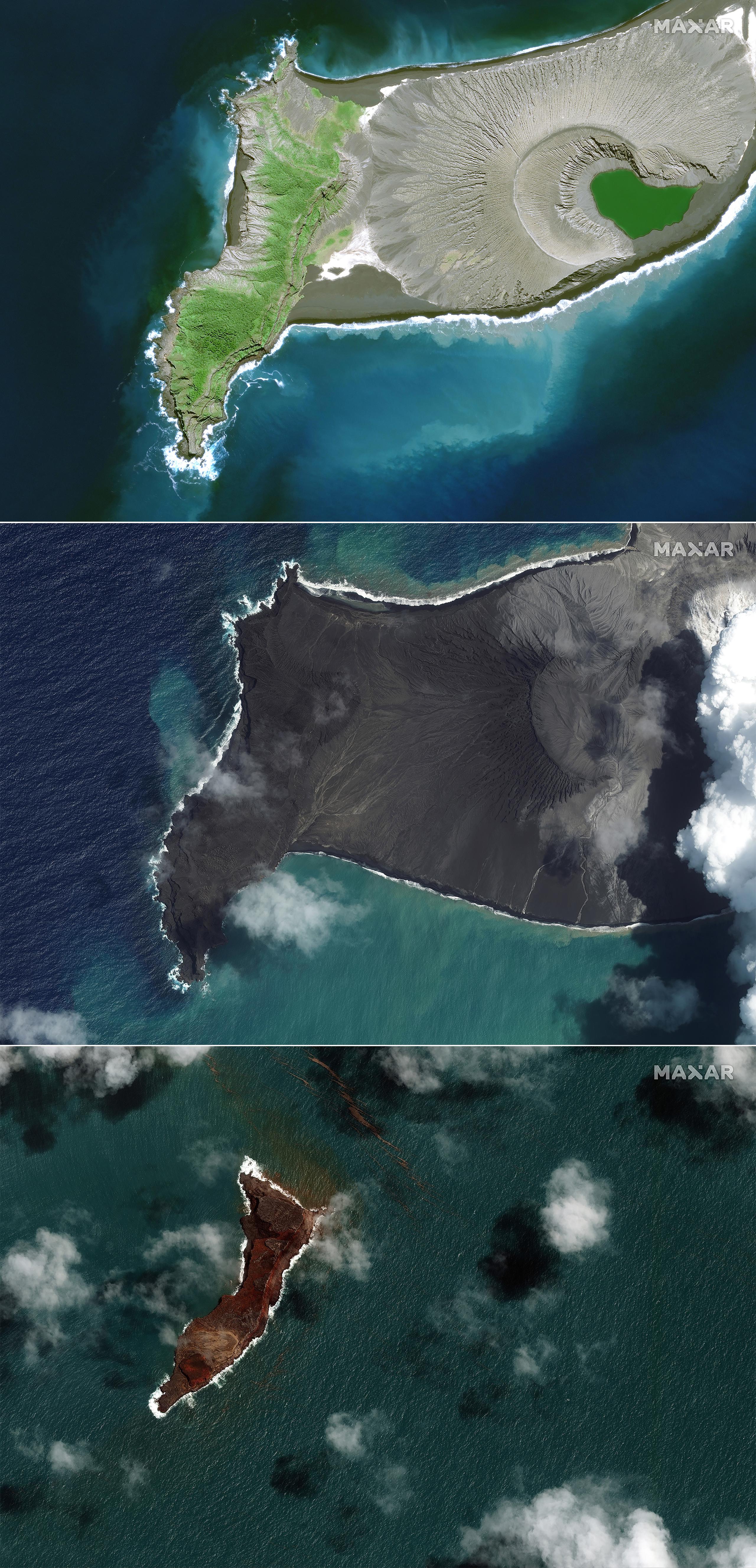Esta combinación de imágenes de satélite muestran el volcán Hunga Tonga Hunga Ha'apai el 10 de abril de 2021, el 6 de enero de 2022 y el 18 de enero del 2022. La erupción fue el 15 de enero de 2022.