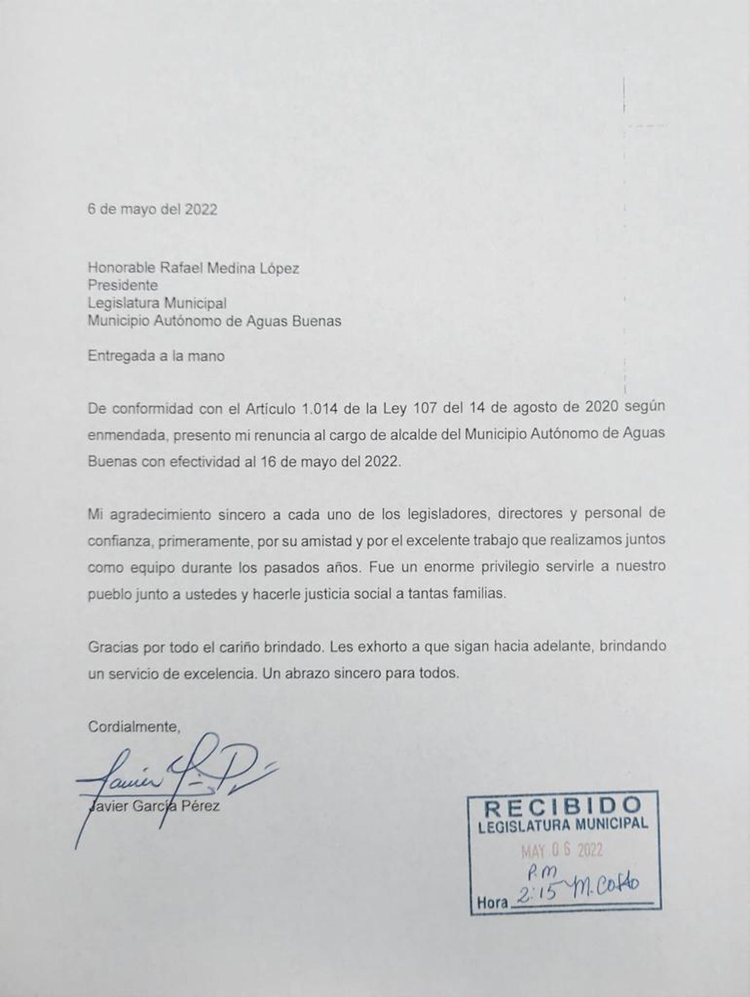 Carta de renuncia del alcalde Javier García Pérez