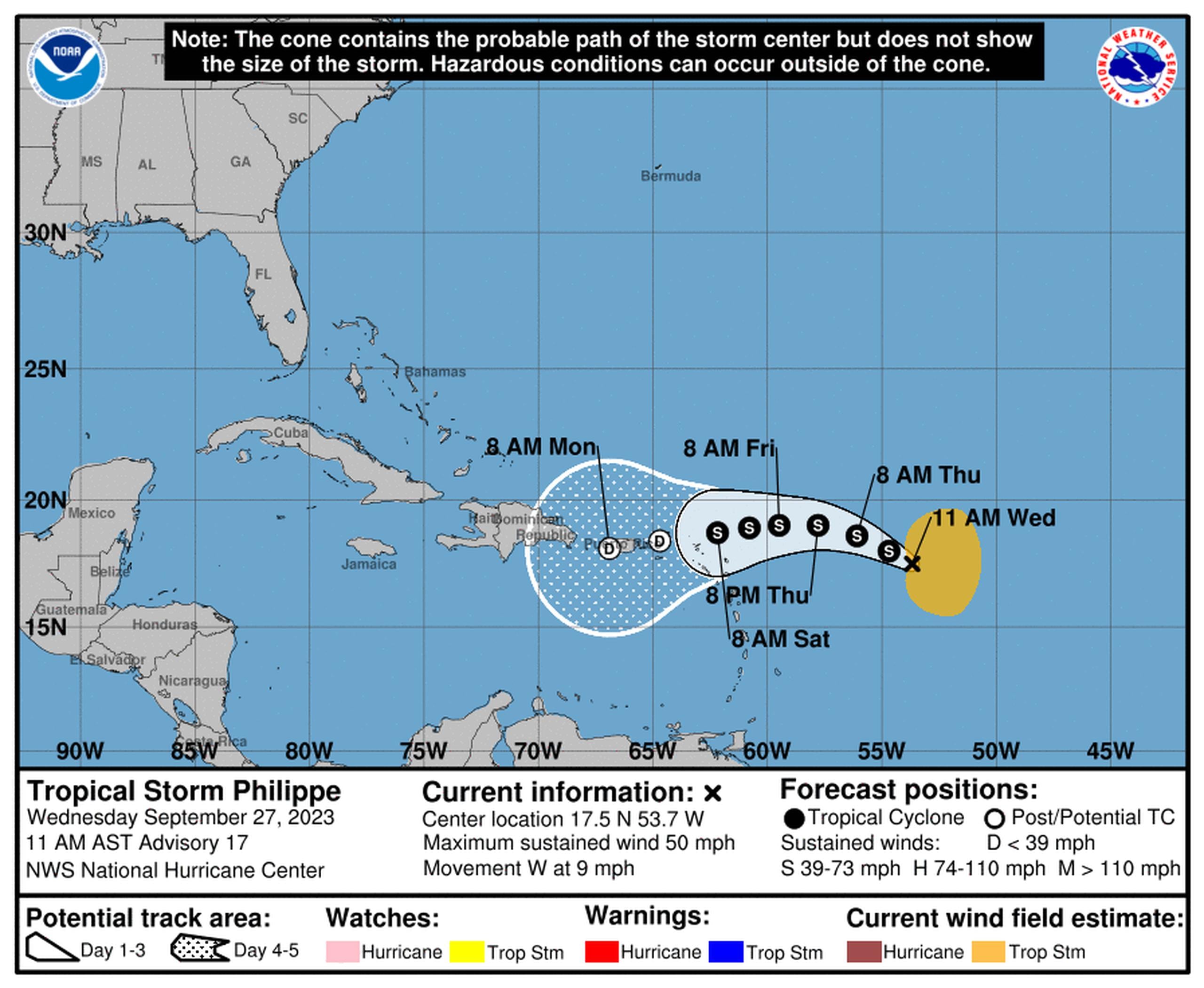 Pronóstico de la tormenta tropical Philippe emitido a las 11:00 de la mañana del 27 de septiembre de 2023.
