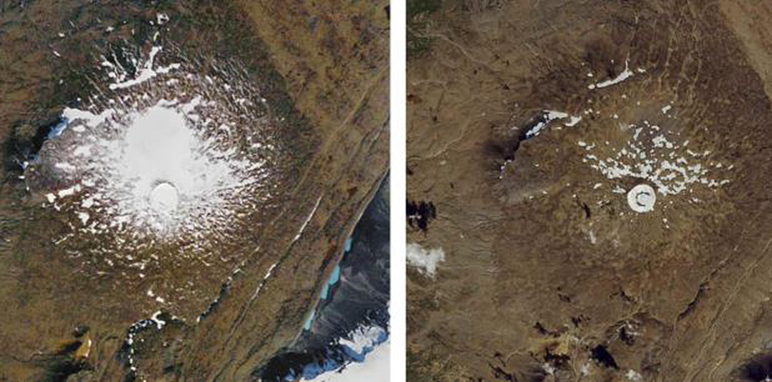 A la izquierda, así se veía  el glaciar en septiembre de 1986, mientras a la derecha se puede apreciar como ha desaparecido, según una imagen de satelite de agosto 2019. (AP)