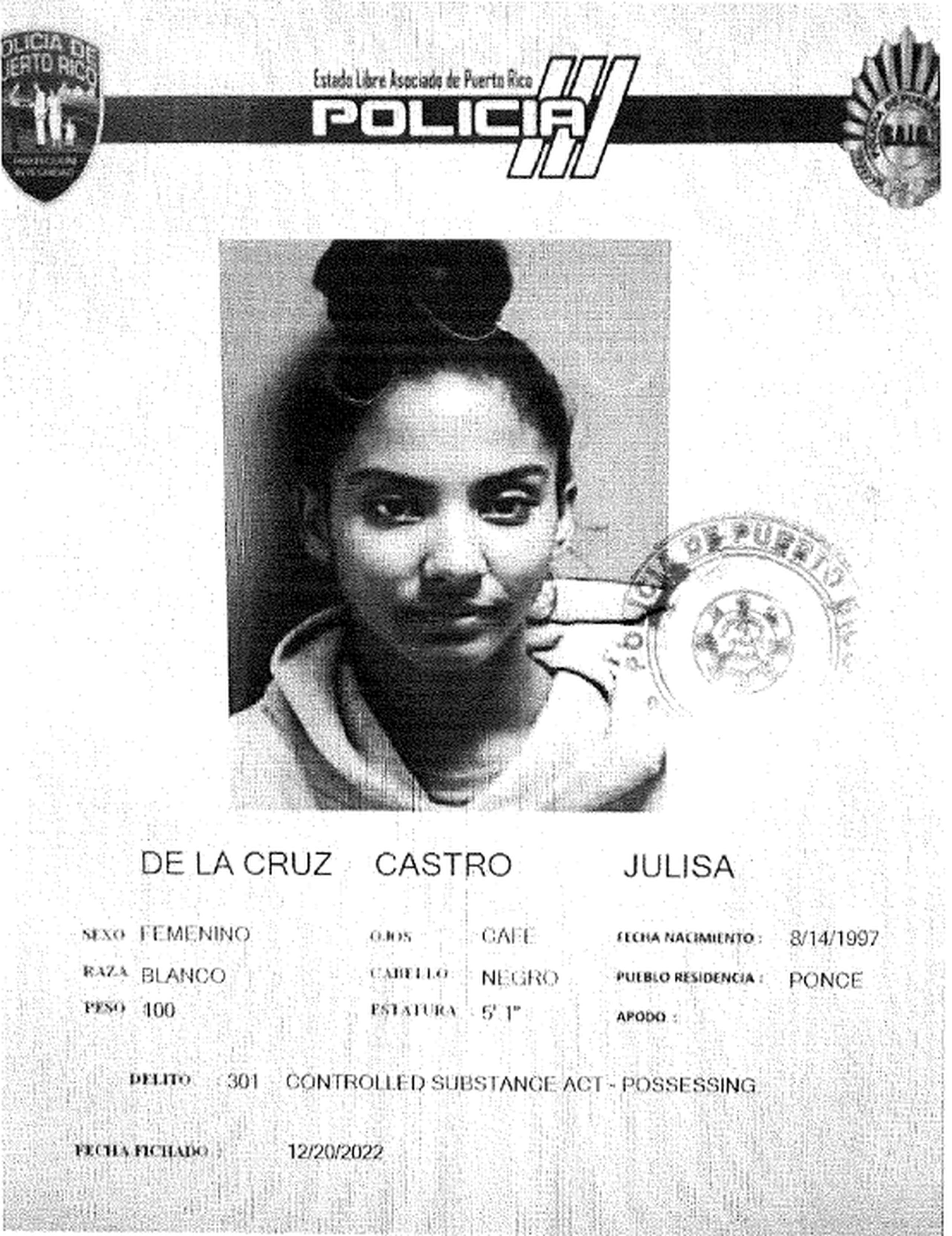 Ficha policíaca de Julisa De La Cruz Castro.