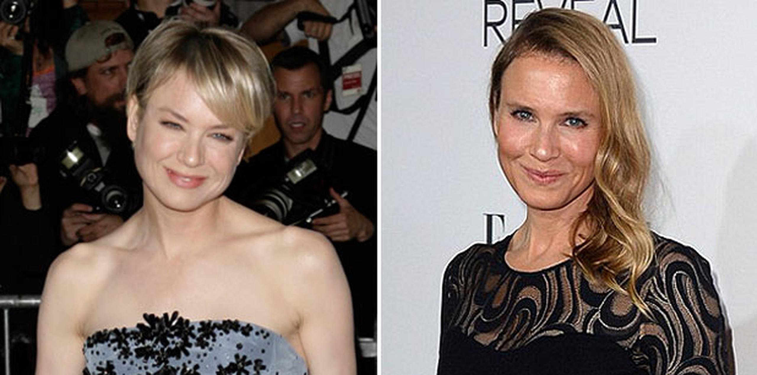 A la izquierda, Renée Zellweger a sus 38 años. A la derecha, en la actividad reciente de alfombra roja de Elle Women In Hollywood. (Archivo)
