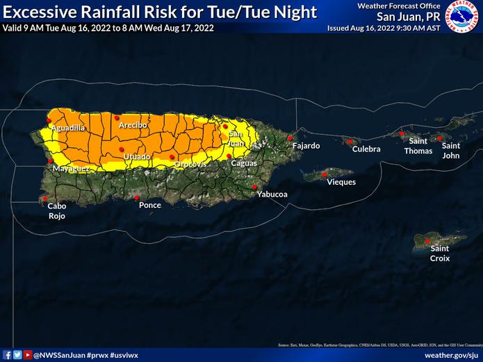 El color amarillo y naranja representa la zona en la que se espera la mayor cantidad de lluvia hoy, martes.