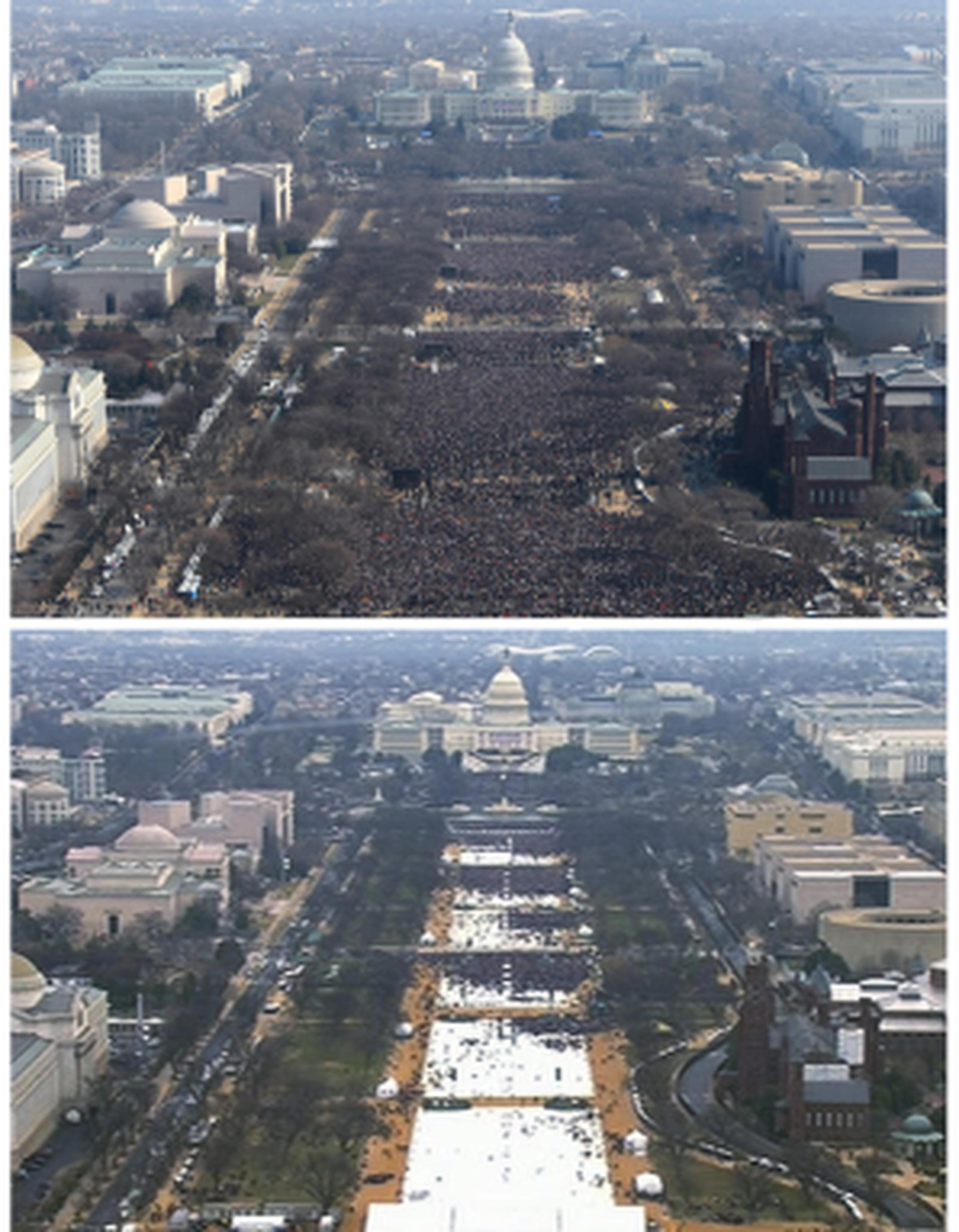 En un par de fotografías se muestra el público en la Explanada Nacional durante la investidura del presidente Barack Obama, arriba, el 20 de enero de 2009, y la ceremonia de juramentación del presidente Donald Trump, abajo, el 20 de enero de 2017.