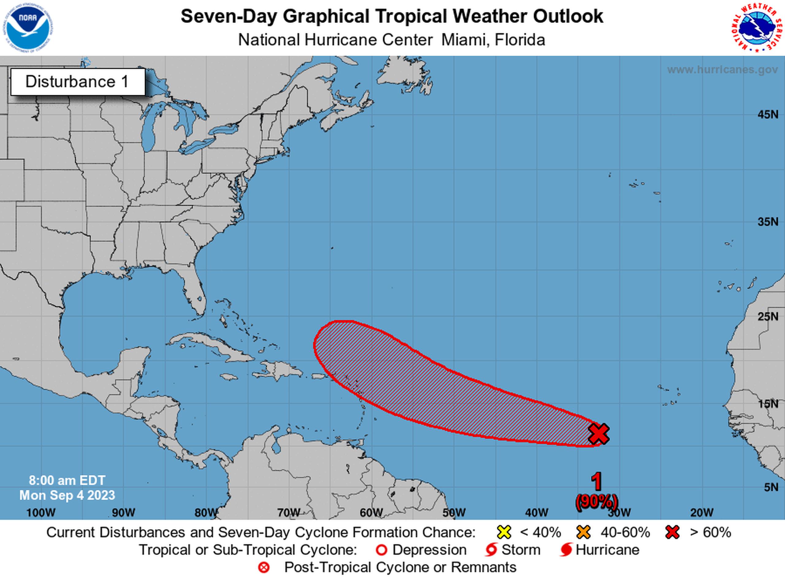 La onda tropical catalogada como Invest 95L tiene un 70% de probabilidad de desarrollo ciclónico en 48 horas y un 90% en siete días.