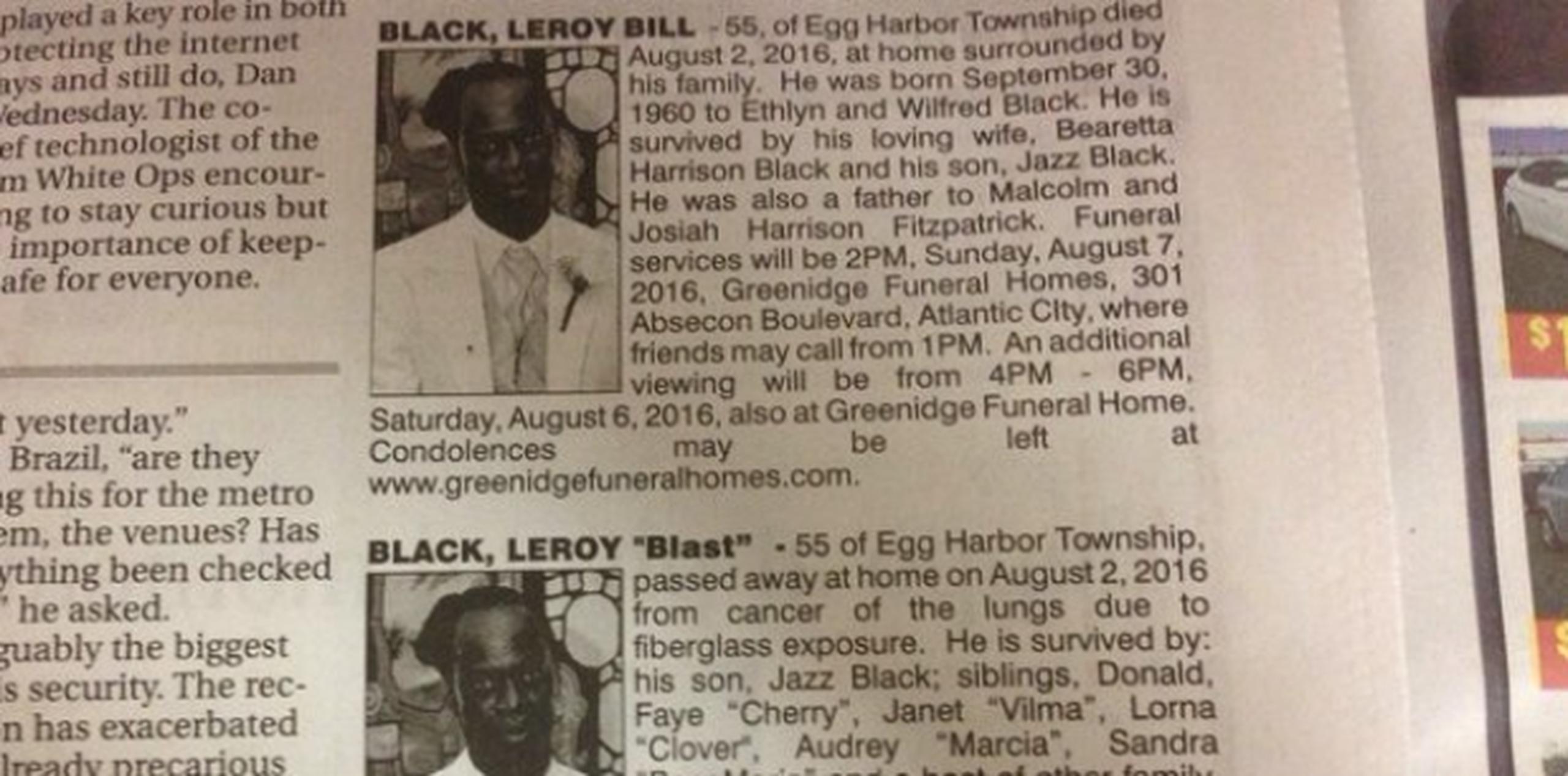Los obituarios de Leroy Black. (Twitter)