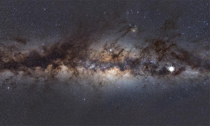 Esta imagen muestra la Vía Láctea vista desde la Tierra. El icono de estrella apunta la posición del misterioso transitorio repetitivo.
