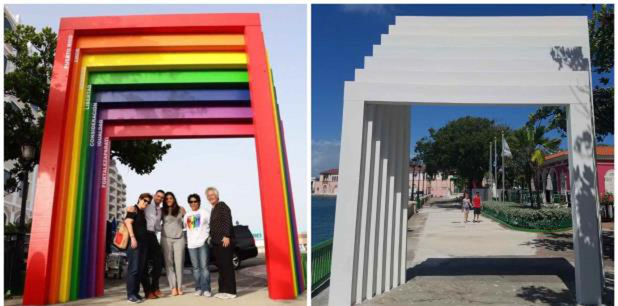 El pórtico cuando fue inaugurado y su estado actual tras ser pintando de color blanco. (Montaje)