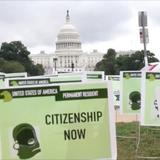 Activistas levantan pancartas verdes frente al Congreso para exigir reforma migratoria 