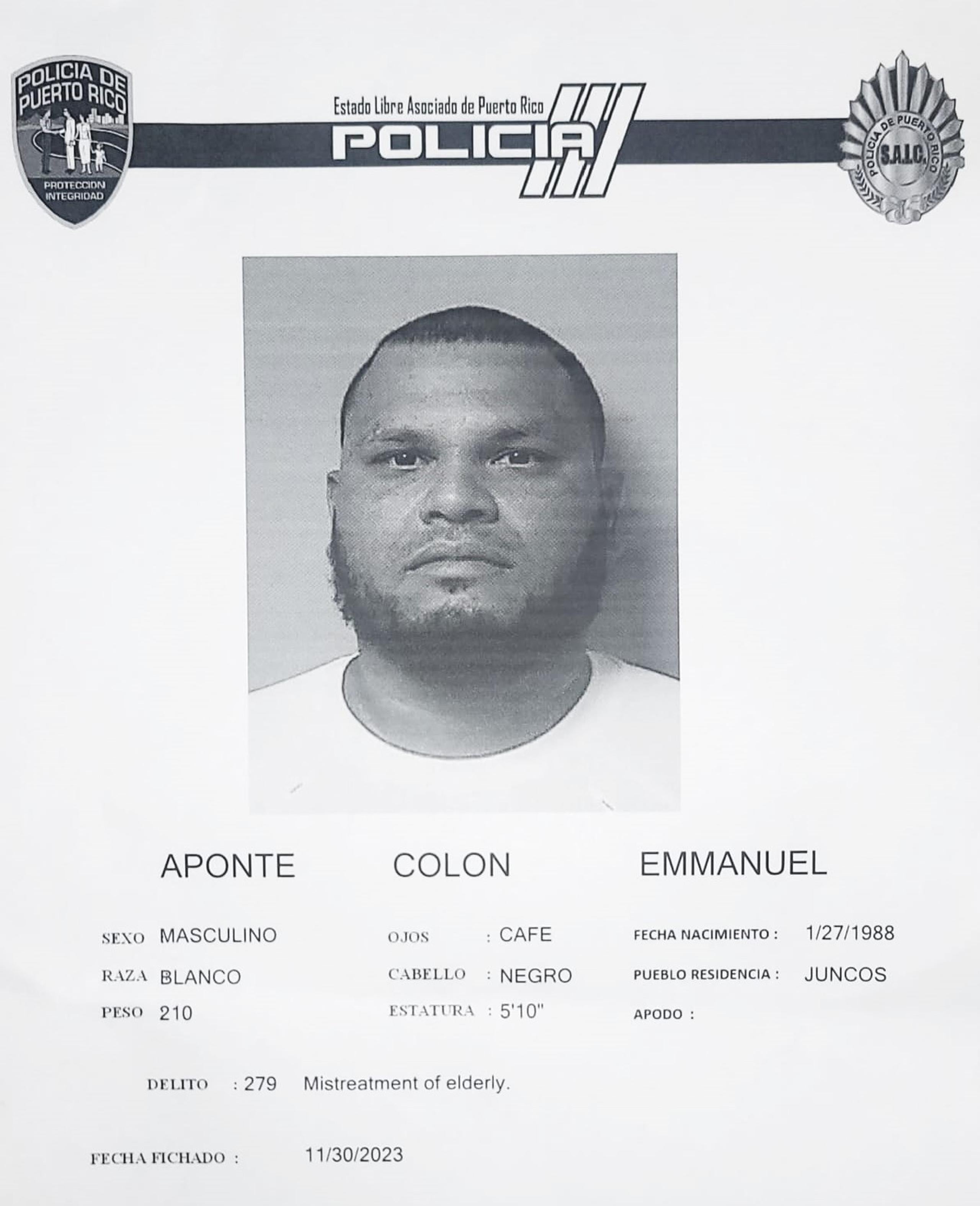 Emmanuel Aponte Colón, imputado de agredir a su padre, fue puesto bajo arresto tras la vista judicial.