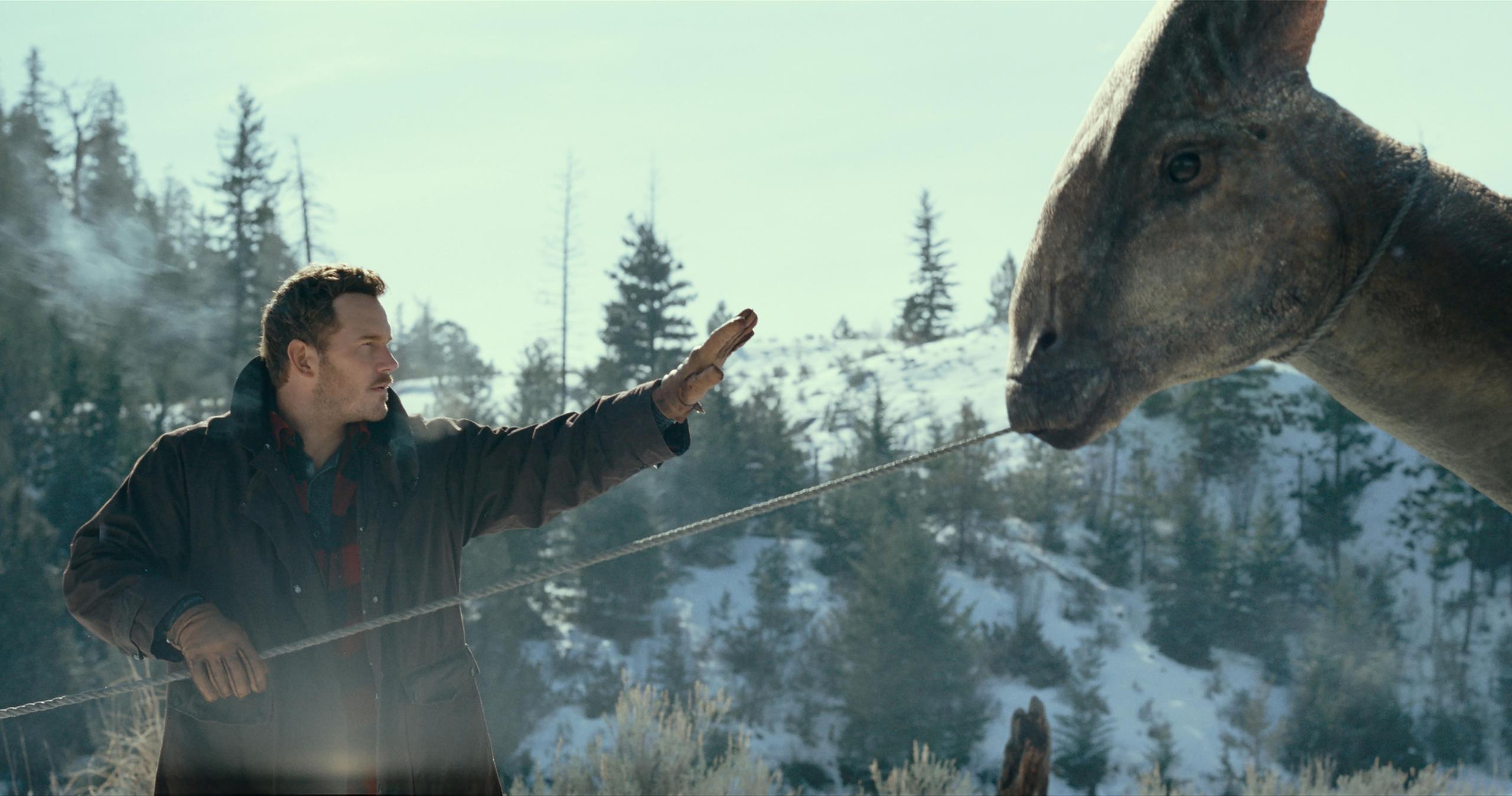 El actor Chris Pratt, en el papel de Owen Grady, se acerca a un parasaurolophus en una escena de la película Jurassic World Dominion.