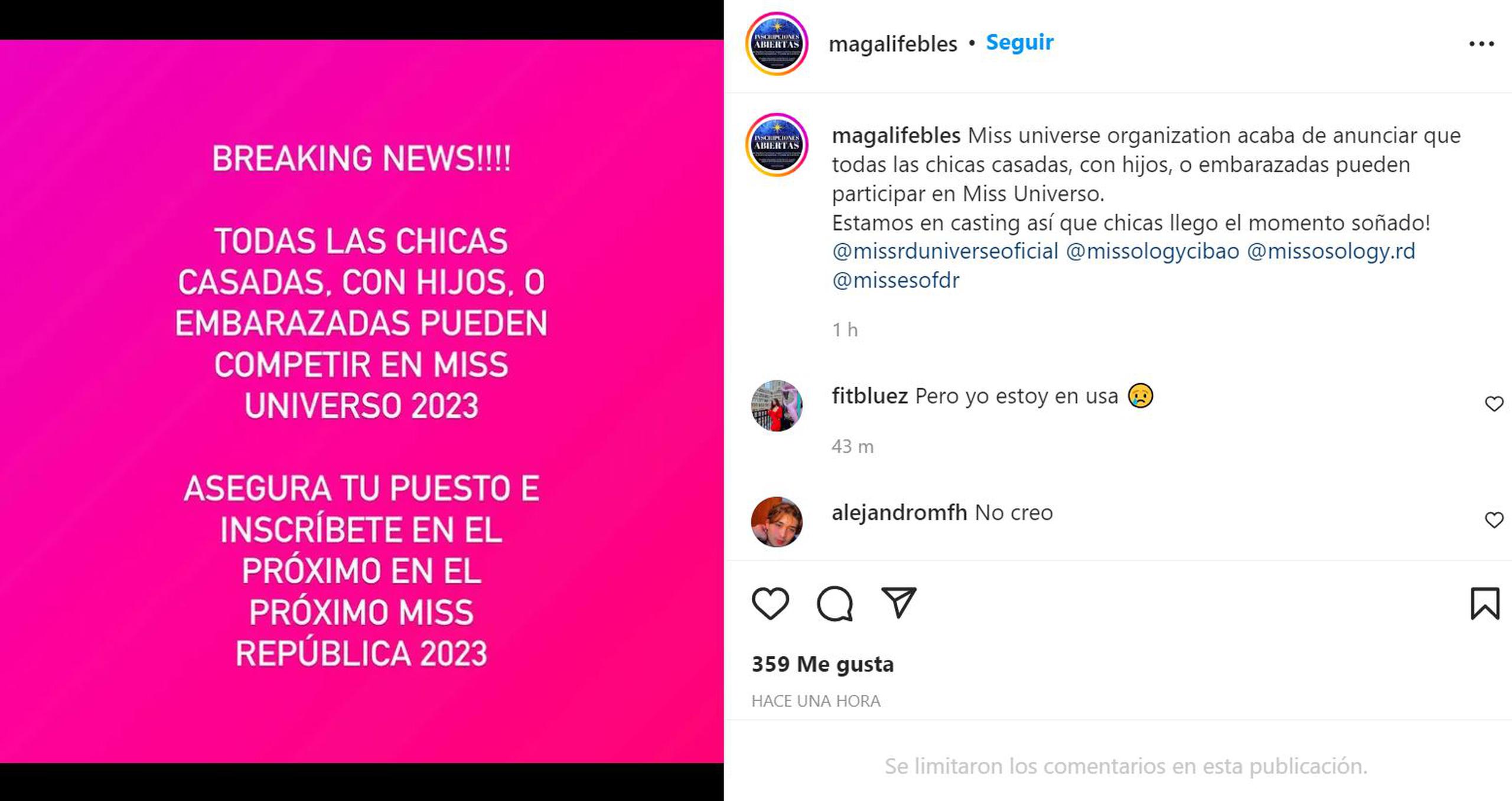 Magali Febles, tenedora de la franquicia dominicana de Miss Universe, compartió la noticia en su cuenta de Instagram.