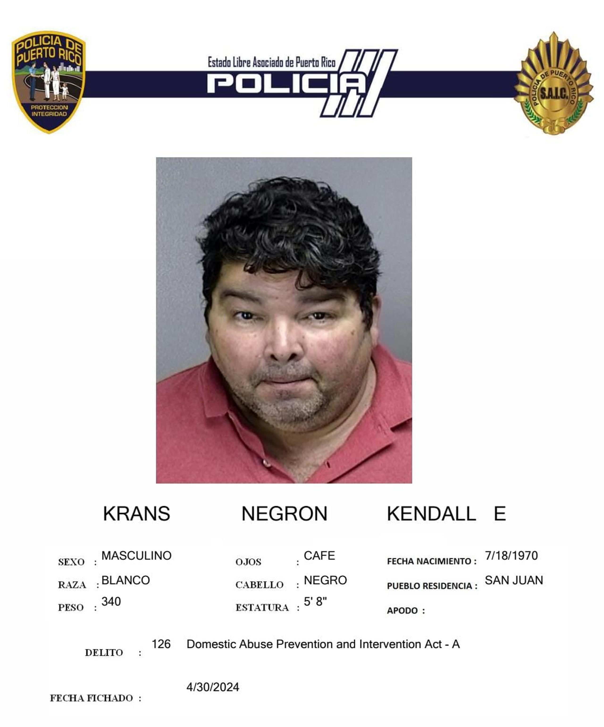 Kendall E. Krans Negrón enfrenta un cargo por maltrato conyugal.