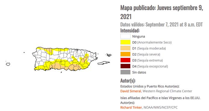 Mapa de Puerto Rico del Monitor de Sequía de los Estados Unidos.