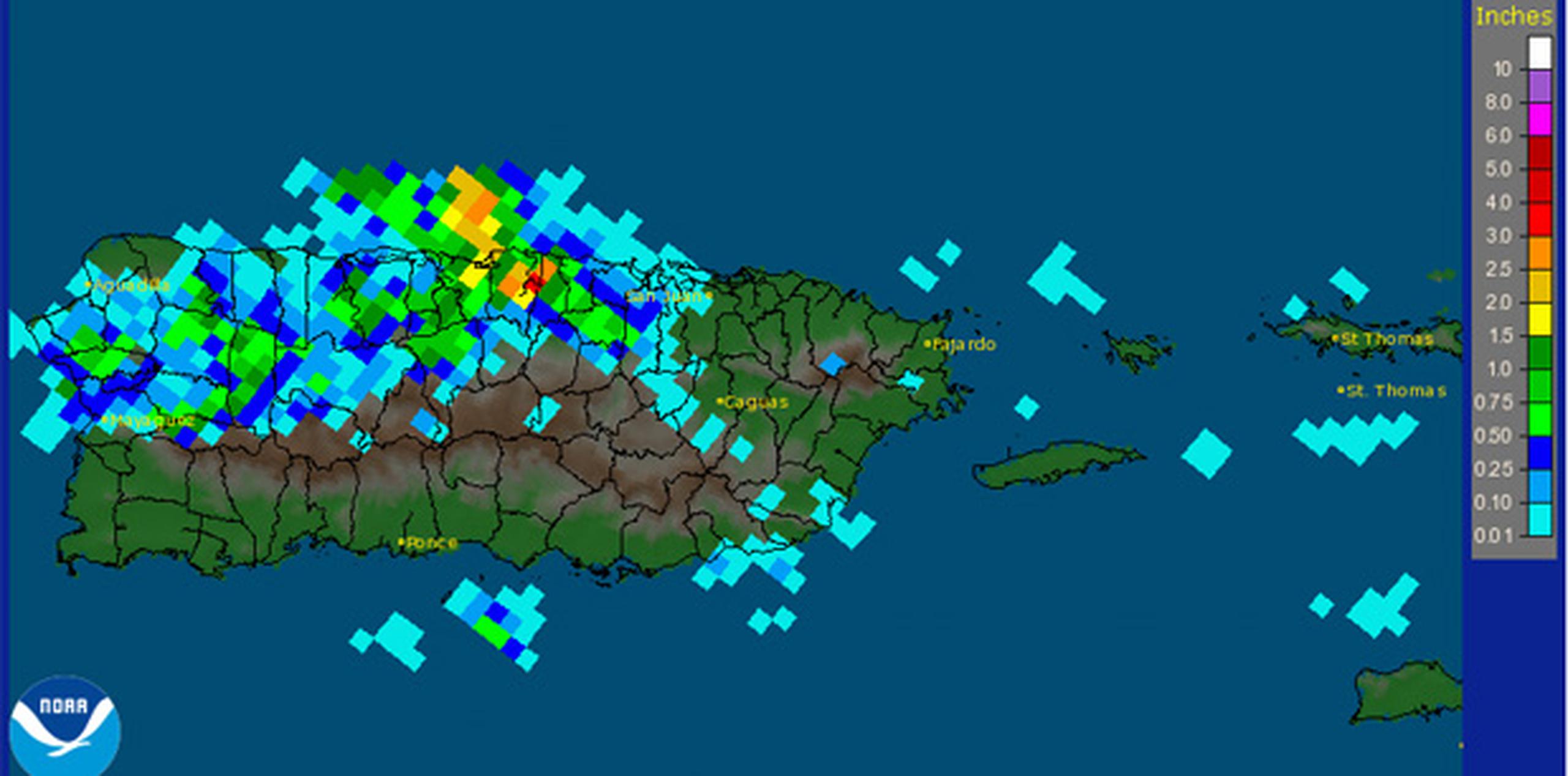 Los mapas de precipitación que recopila el SNM detallan que ayer, viernes, las lluvias se concentraron en los municipios al norte de la Cordillera Central y al oeste de San Juan. (NOAA)