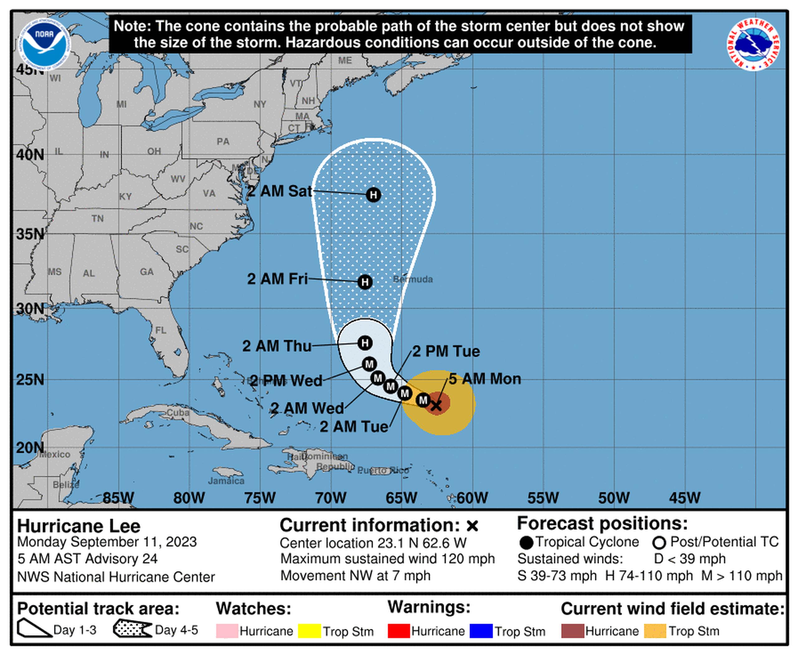 Pronóstico del huracán Lee emitido a las 5:00 de la mañana por el Centro Nacional de Huracanes.