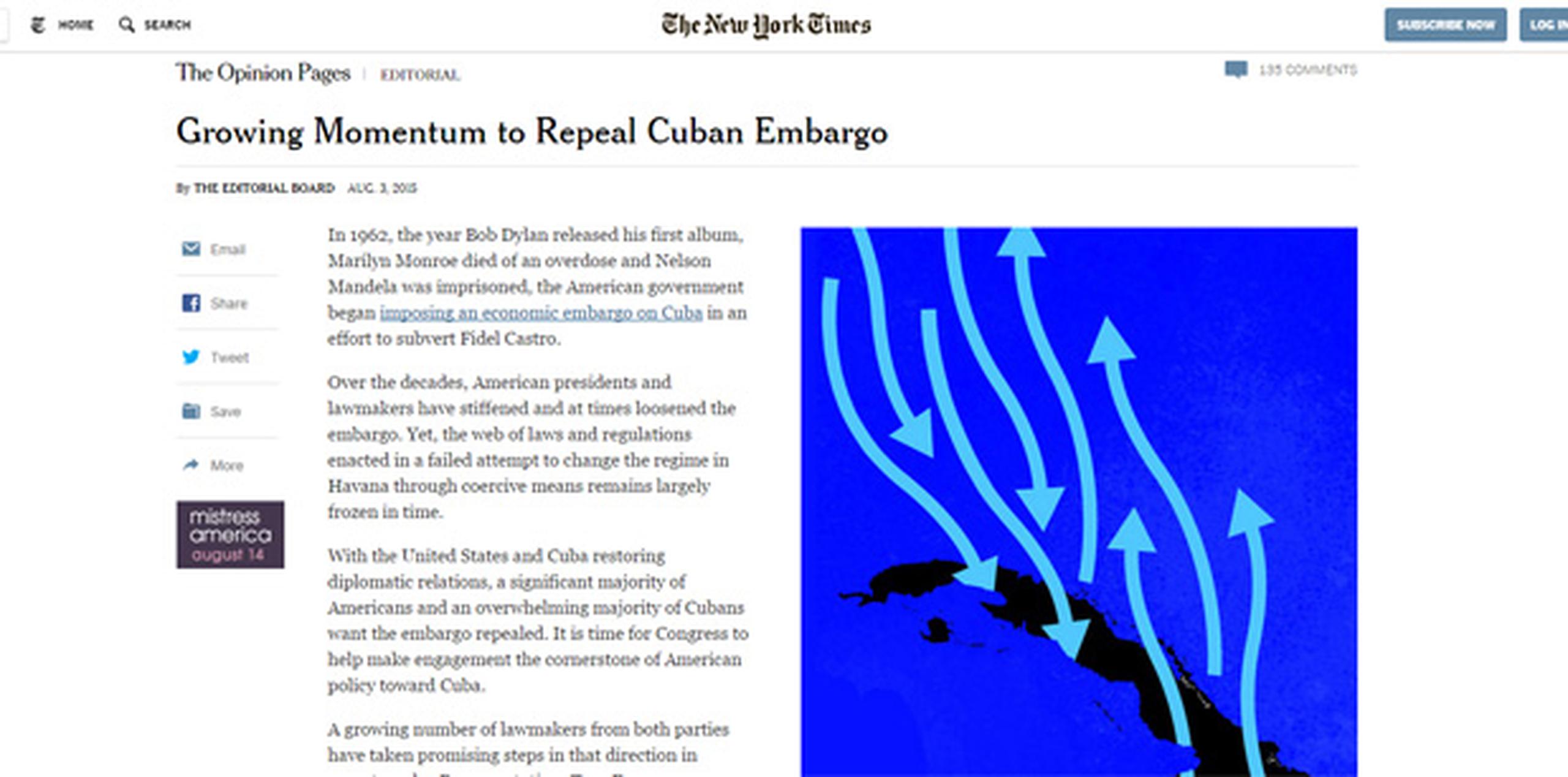 El periódico recuerda el "fuerte" llamamiento a poner fin al embargo que hizo la semana pasada desde Miami la candidata demócrata Hillary Clinton, quien dijo que los cubanos "quieren cada vez más contacto con Estados Unidos".