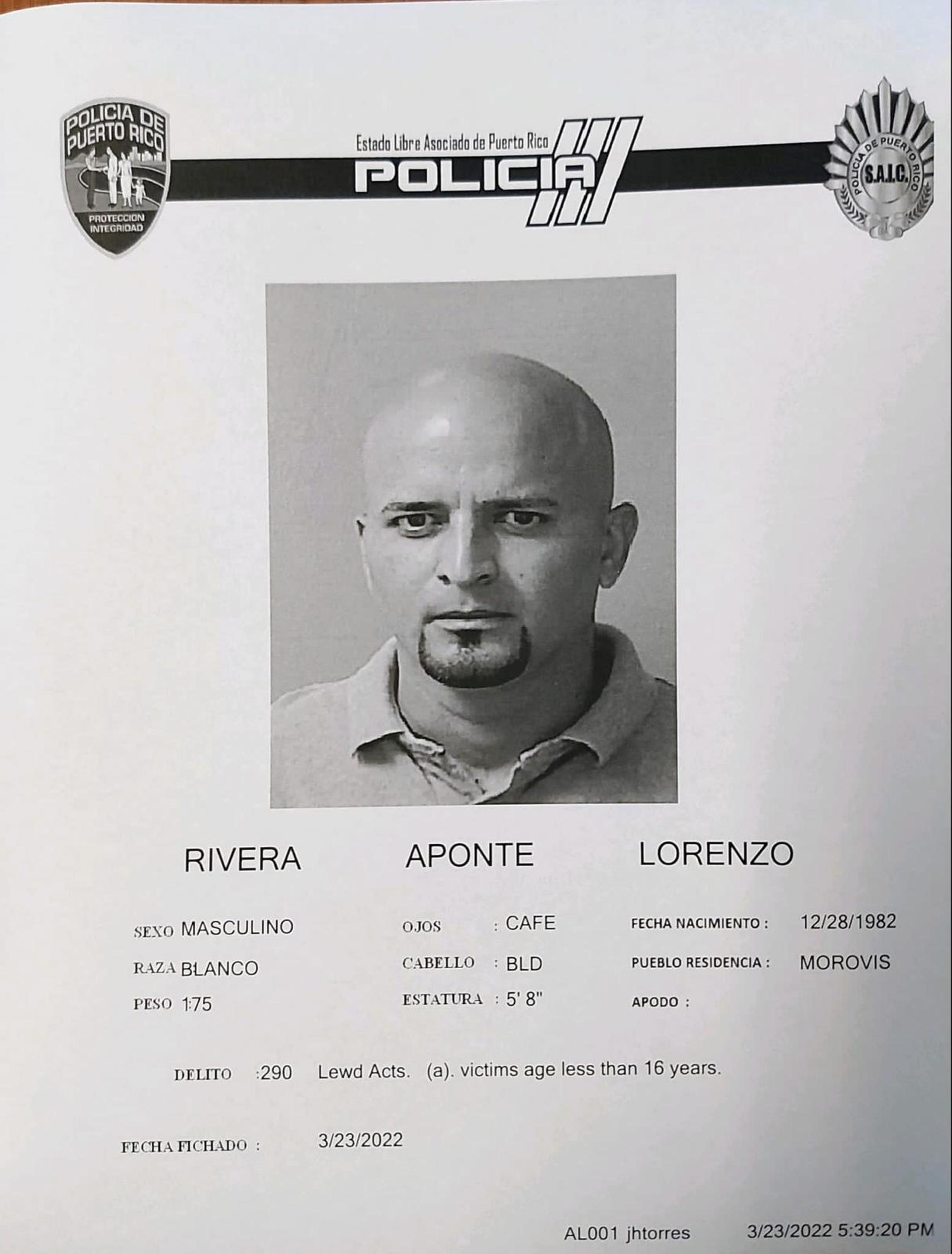 Lorenzo Rivera Aponte fue acusado por cargos de agresión sexual, actos lascivos y maltrato de menores contra dos niñas, según el Negociado de la Policía.