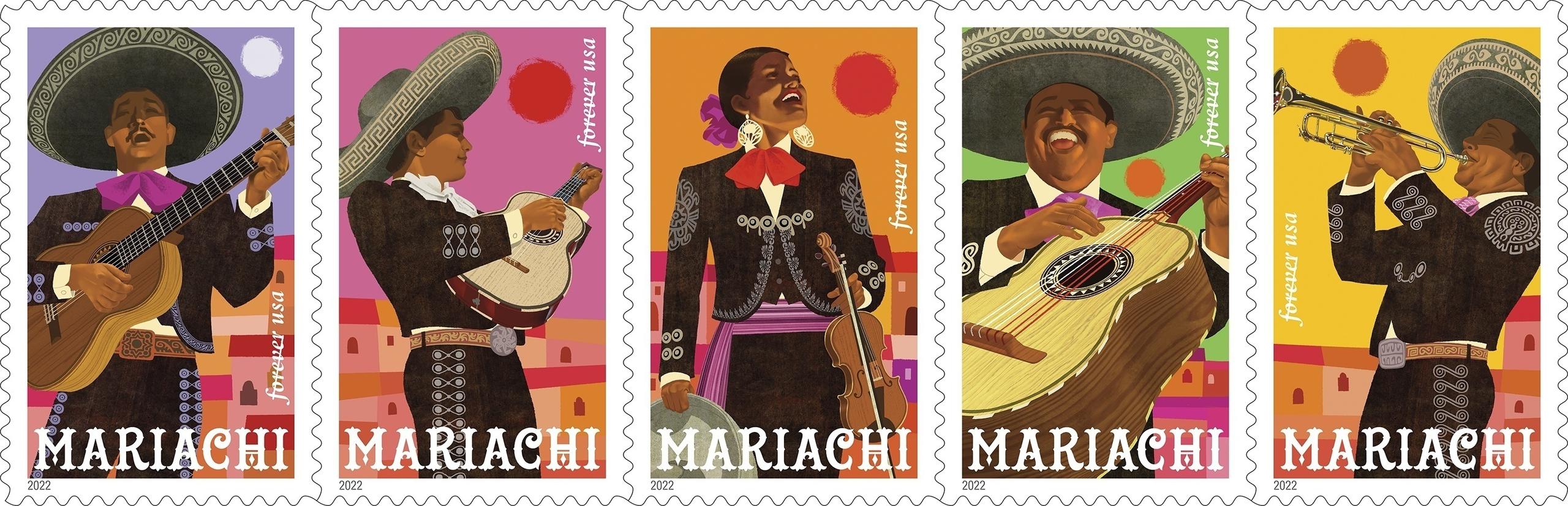 Esta imagen proporcionada por el Servicio Postal de Estados Unidos muestra una serie especial de estampillas de mariachis diseñadas por el artista Rafael López. (Servicio Postal de Estados Unidos vía AP)