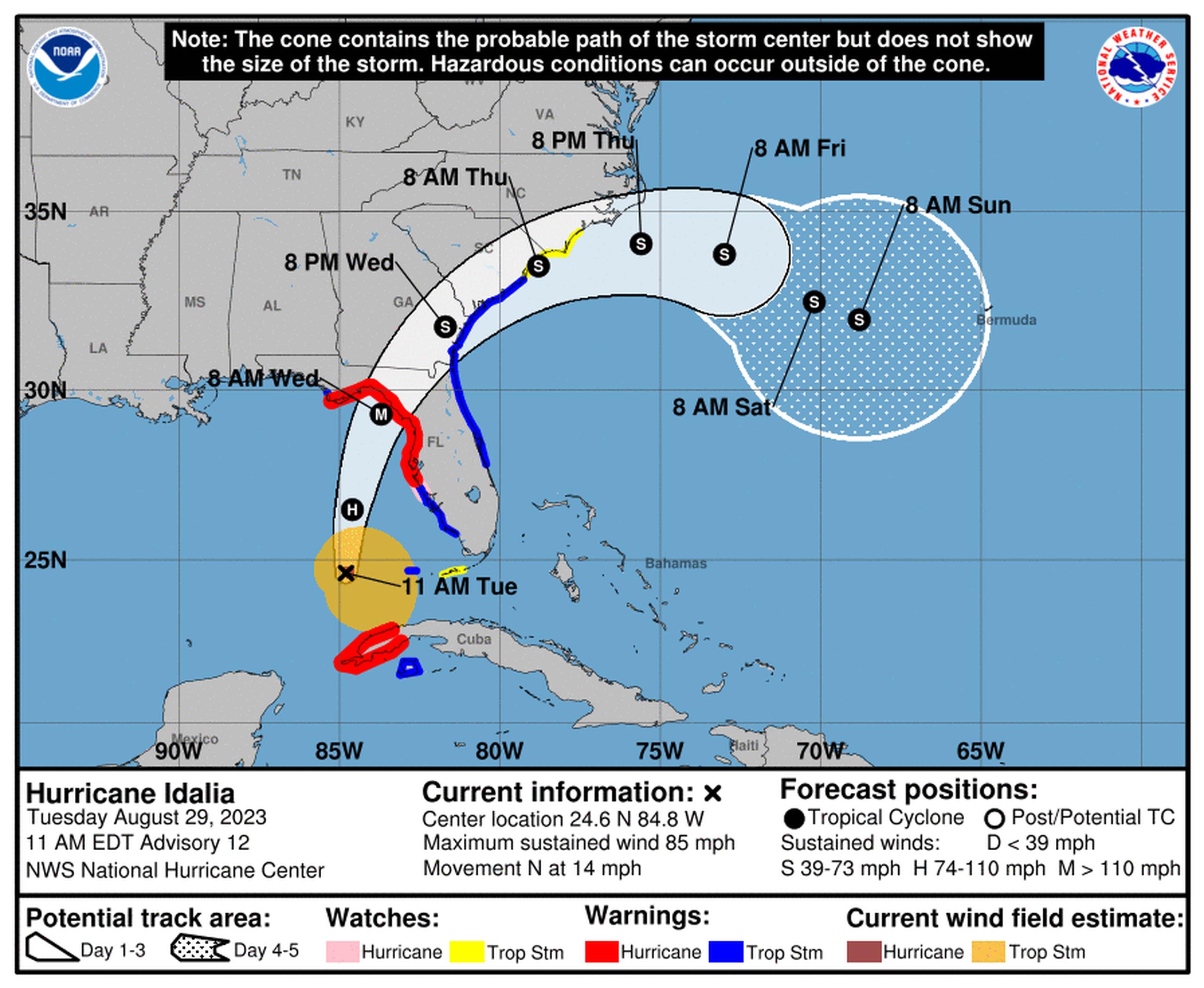 Pronóstico del huracán Idalia emitido a las 11:00 de la mañana del 29 de agosto de 2023.