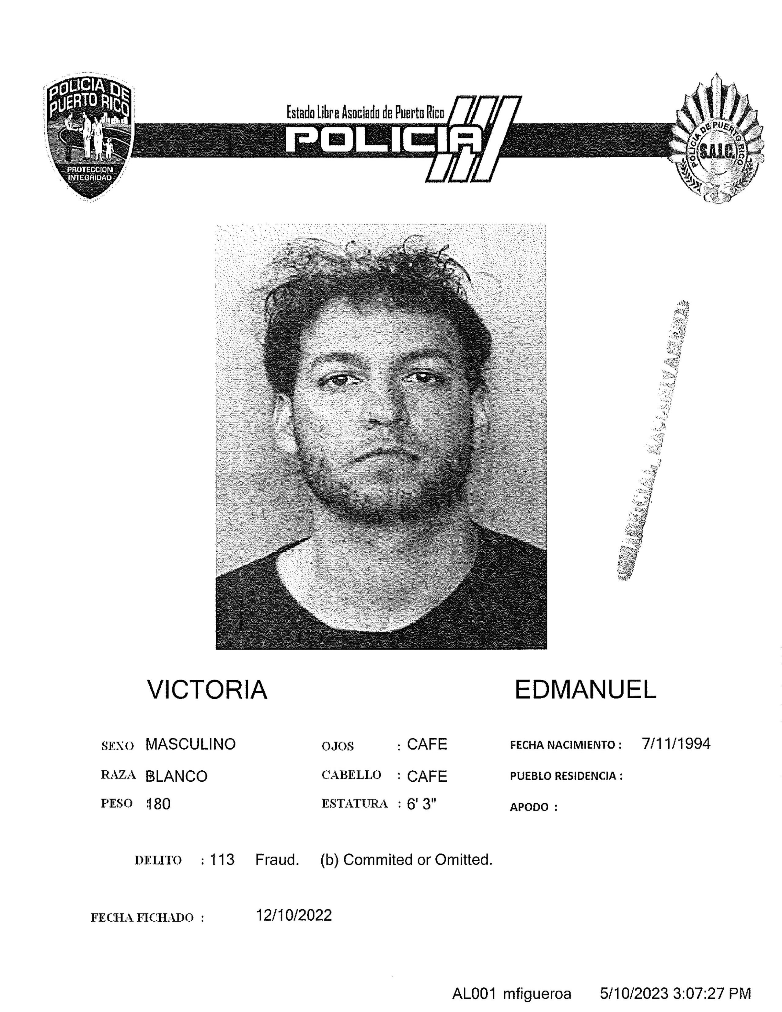 Ficha de Edmanuel VIctoria, quien encarga cargos por fraude y apropiación legal.