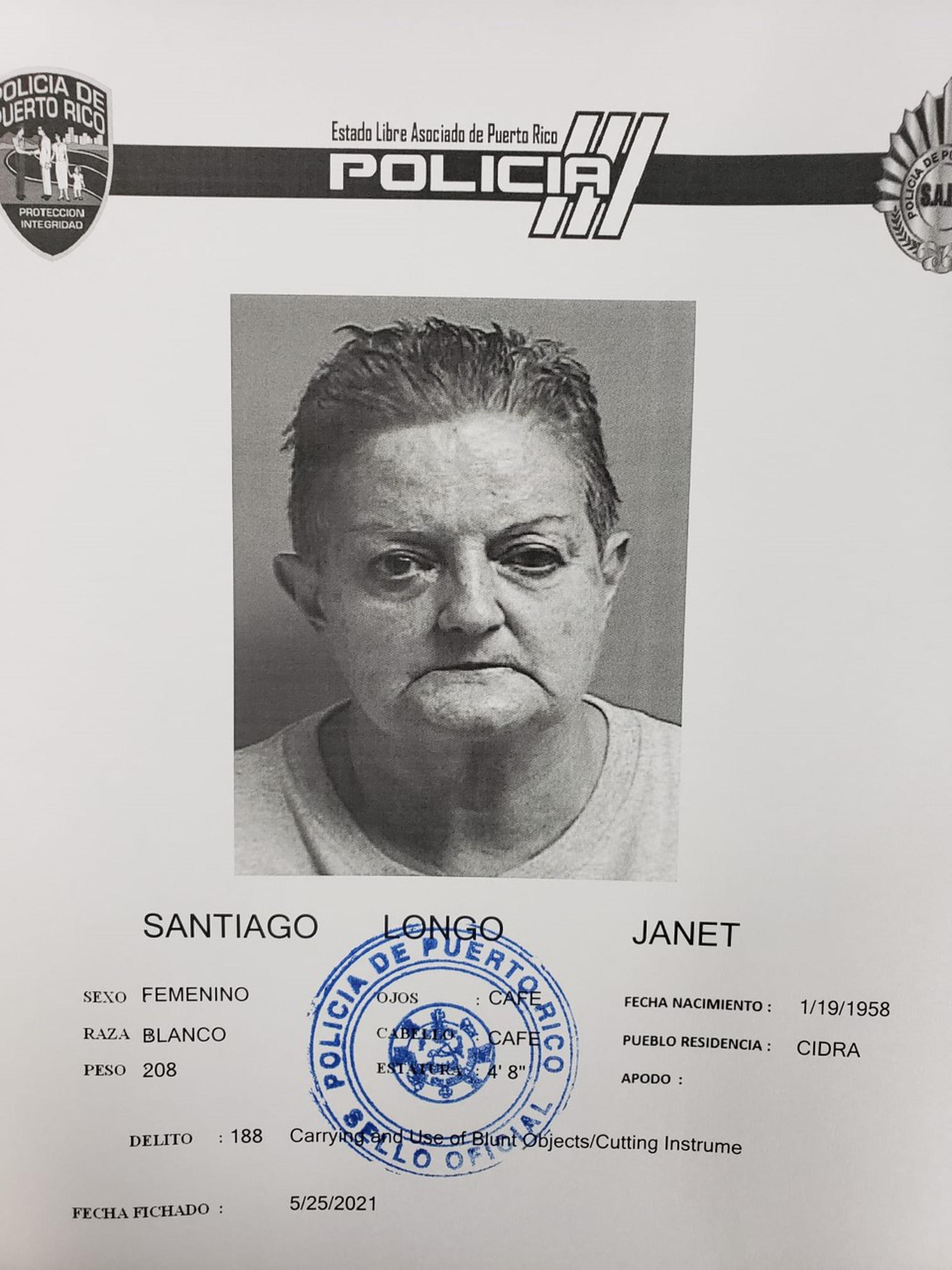 Janet Santiago Longo de 63 años fue acusada por agresión agravada, amenaza y violación a la Ley de Armas.
