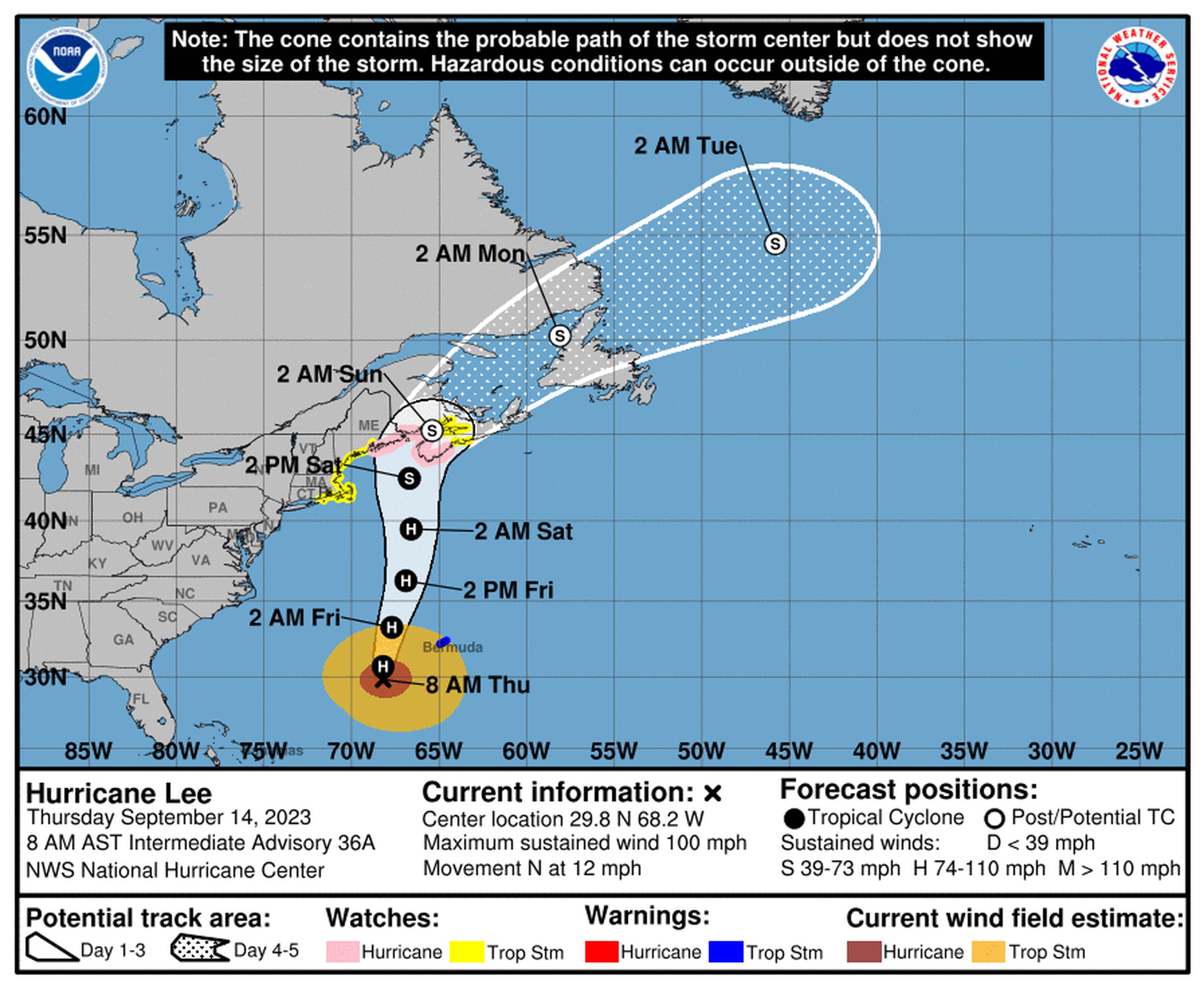 Pronóstico del huracán Lee emitido a las 8:00 de la mañana del 14 de septiembre de 2023.