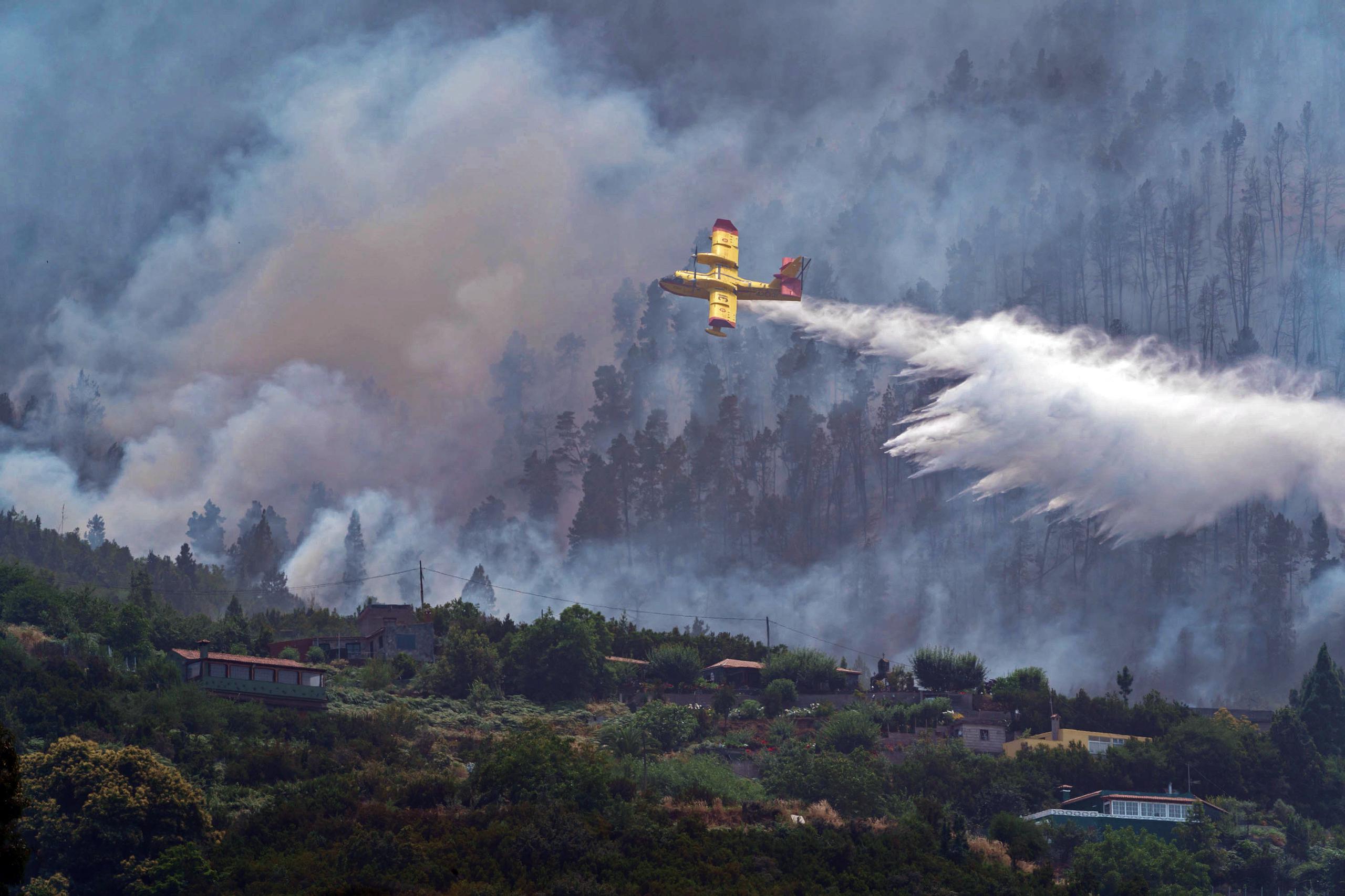 En la imagen, uno de los hidroaviones que participan en el operativo descarga agua sobre el incendio de Tenerife. (EFE/ Ramón De La Rocha)