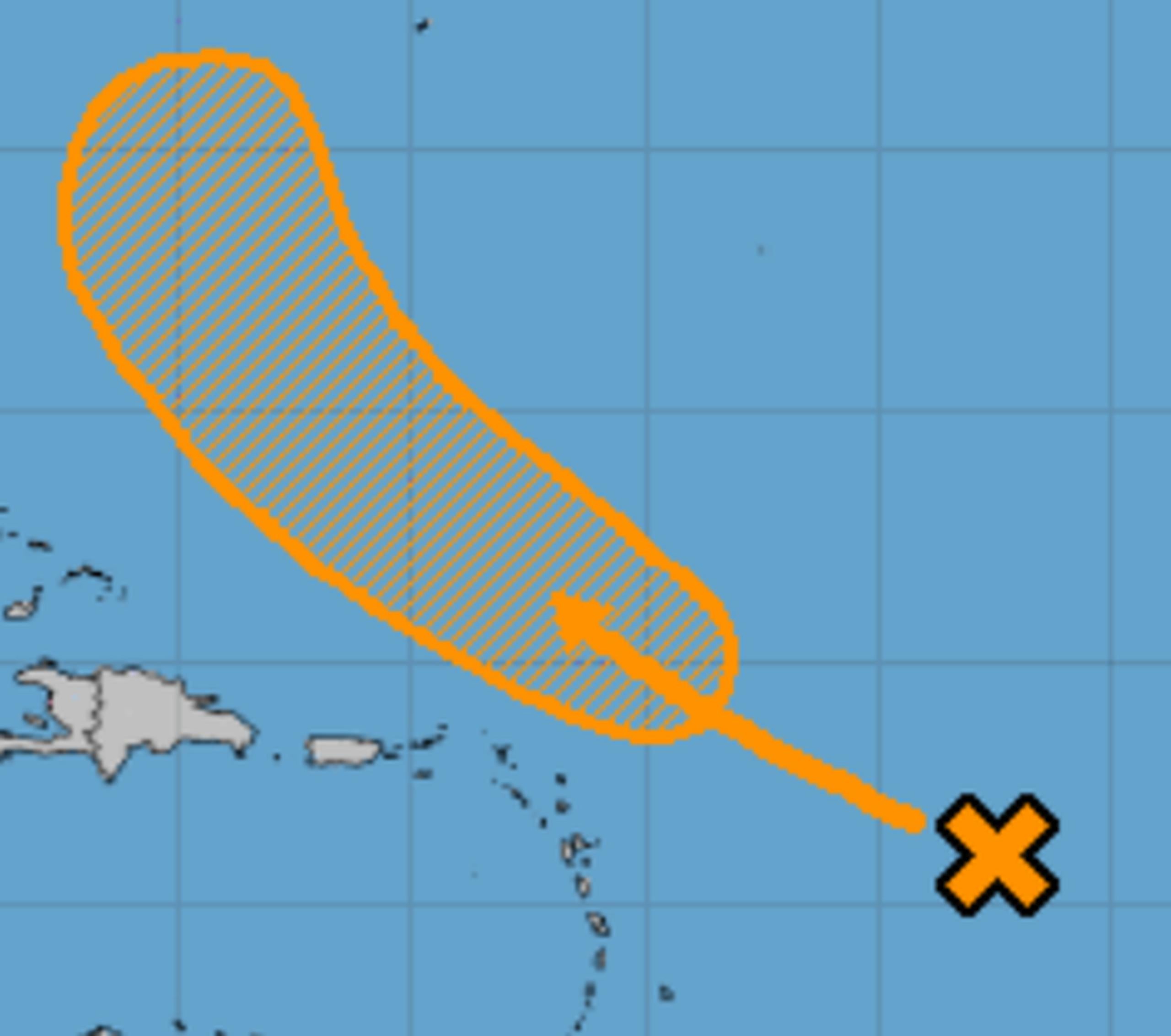 Gráfica de trayectoria de la onda tropical que pasará mañana, domingo, al norte de Puerto Rico.