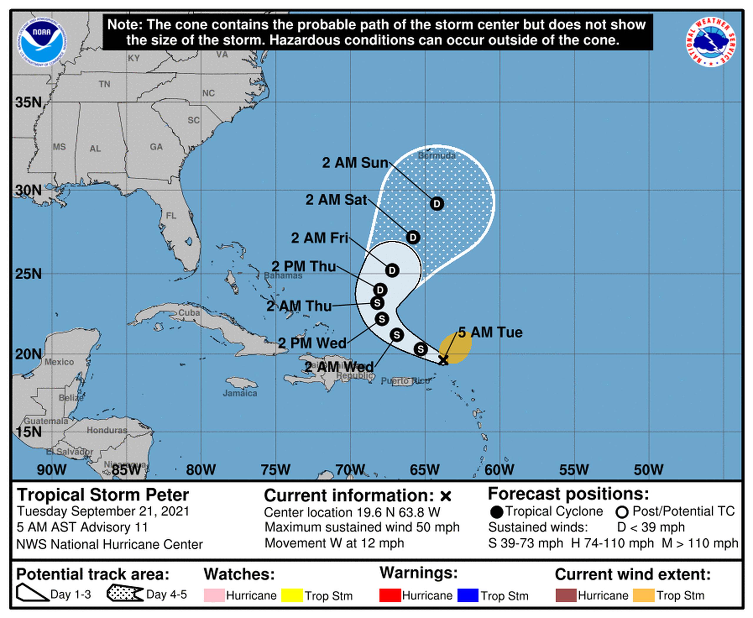 Pronóstico de la tormenta tropical Peter en la mañana del 21 de septiembre de 2021.