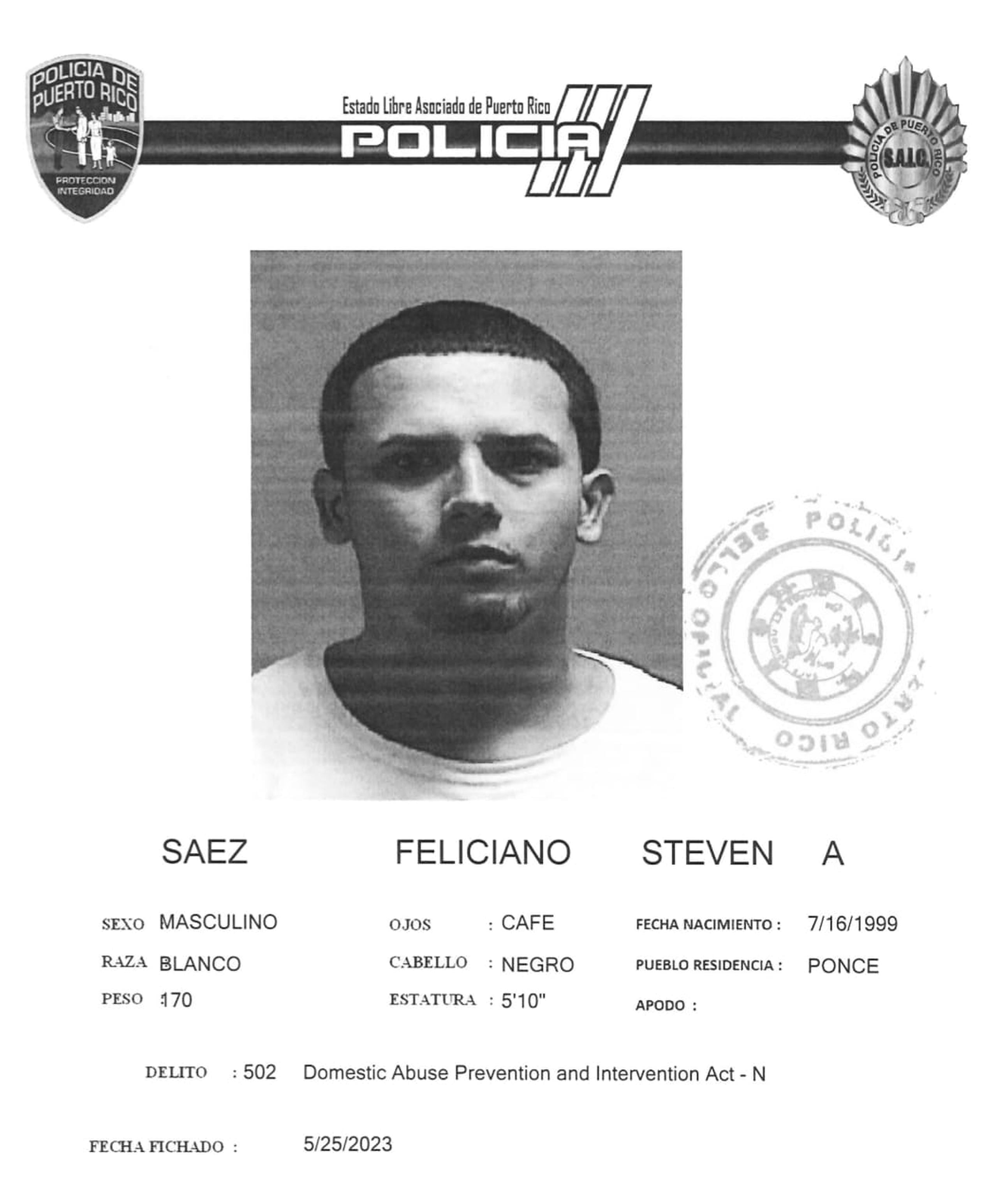 Steven A. Sáez Feliciano fue acusado por violar una orden de protección.