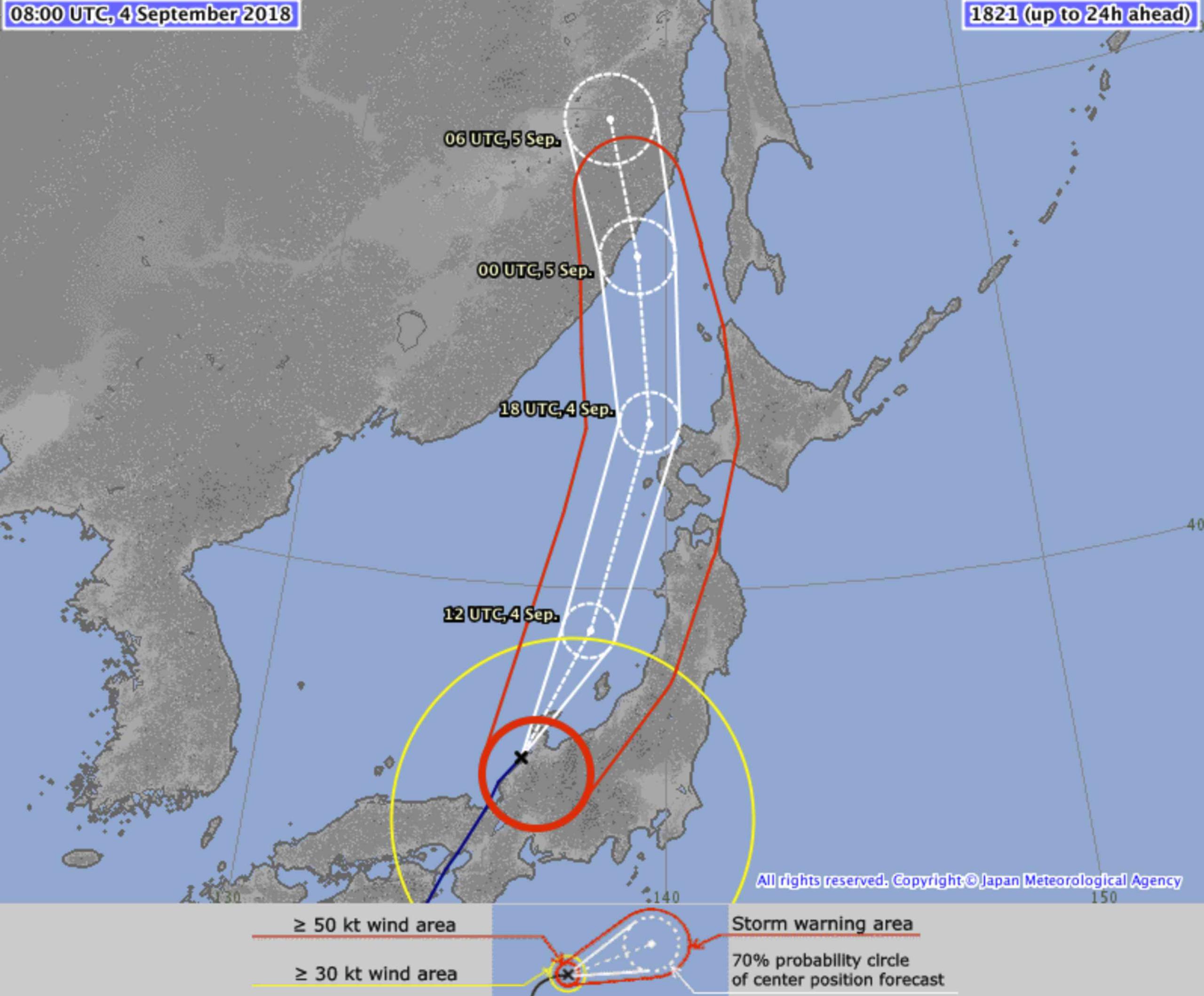 Trayectoria del tifón Jebi. (Japan Meteorological Agency vía AP)