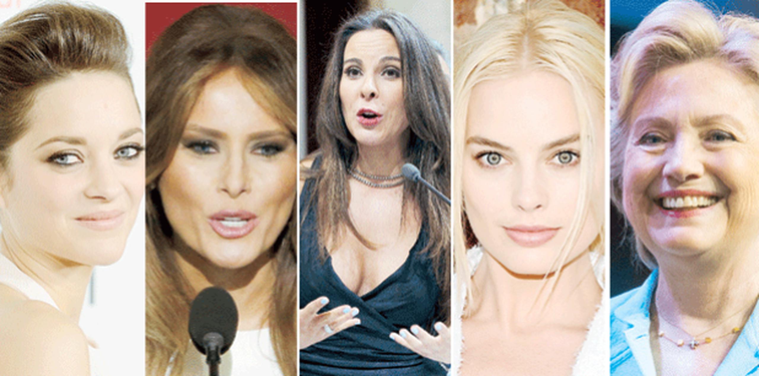 De izquierda a derecha, Marion Cotillard, Melania Trump,  Kate del Castillo, Margot Robbie y Hillary Clinton (Archivo)