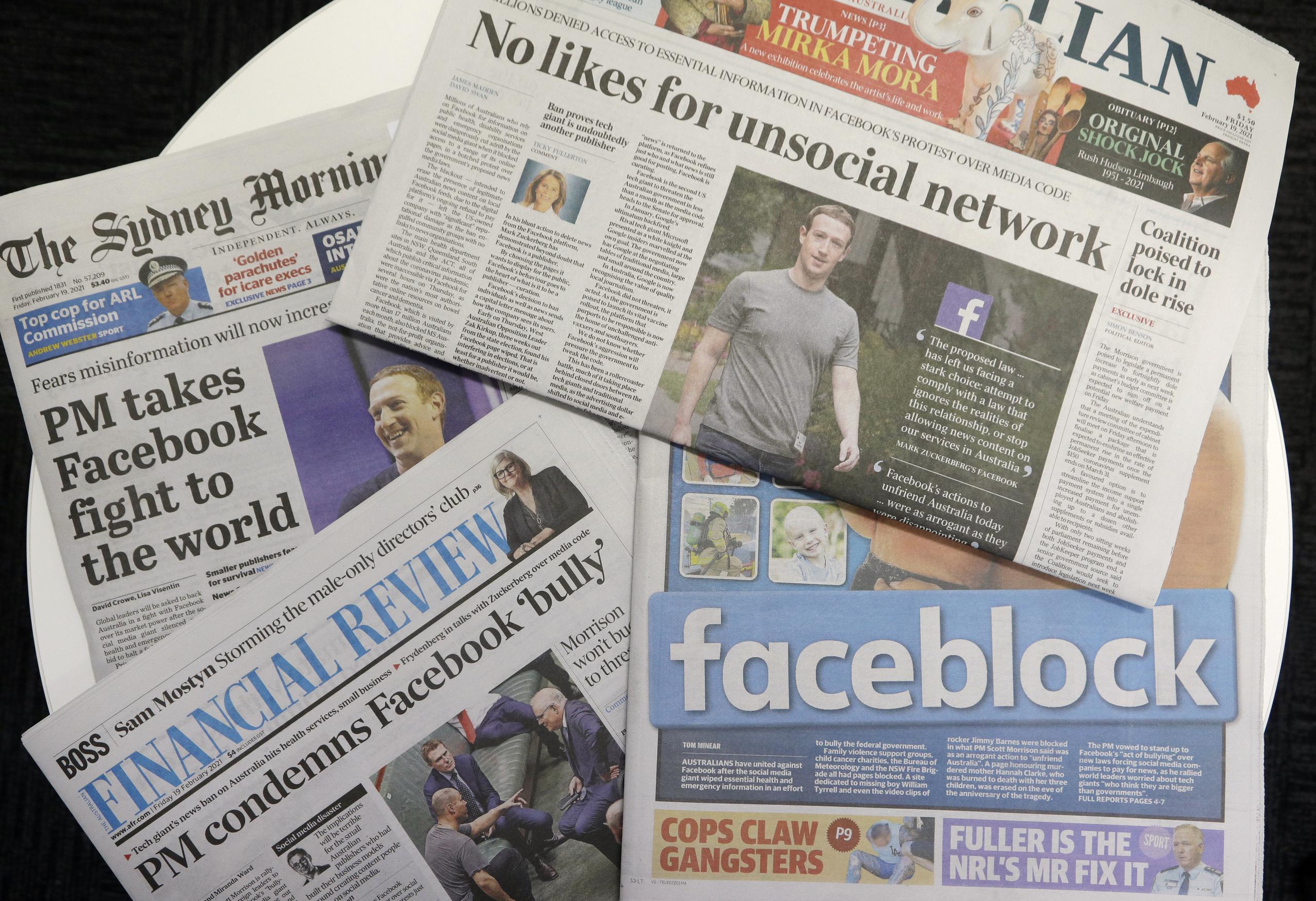 Diarios en Australia destacan historias sobre el bloqueo de noticias impuesto por Facebook en el país.