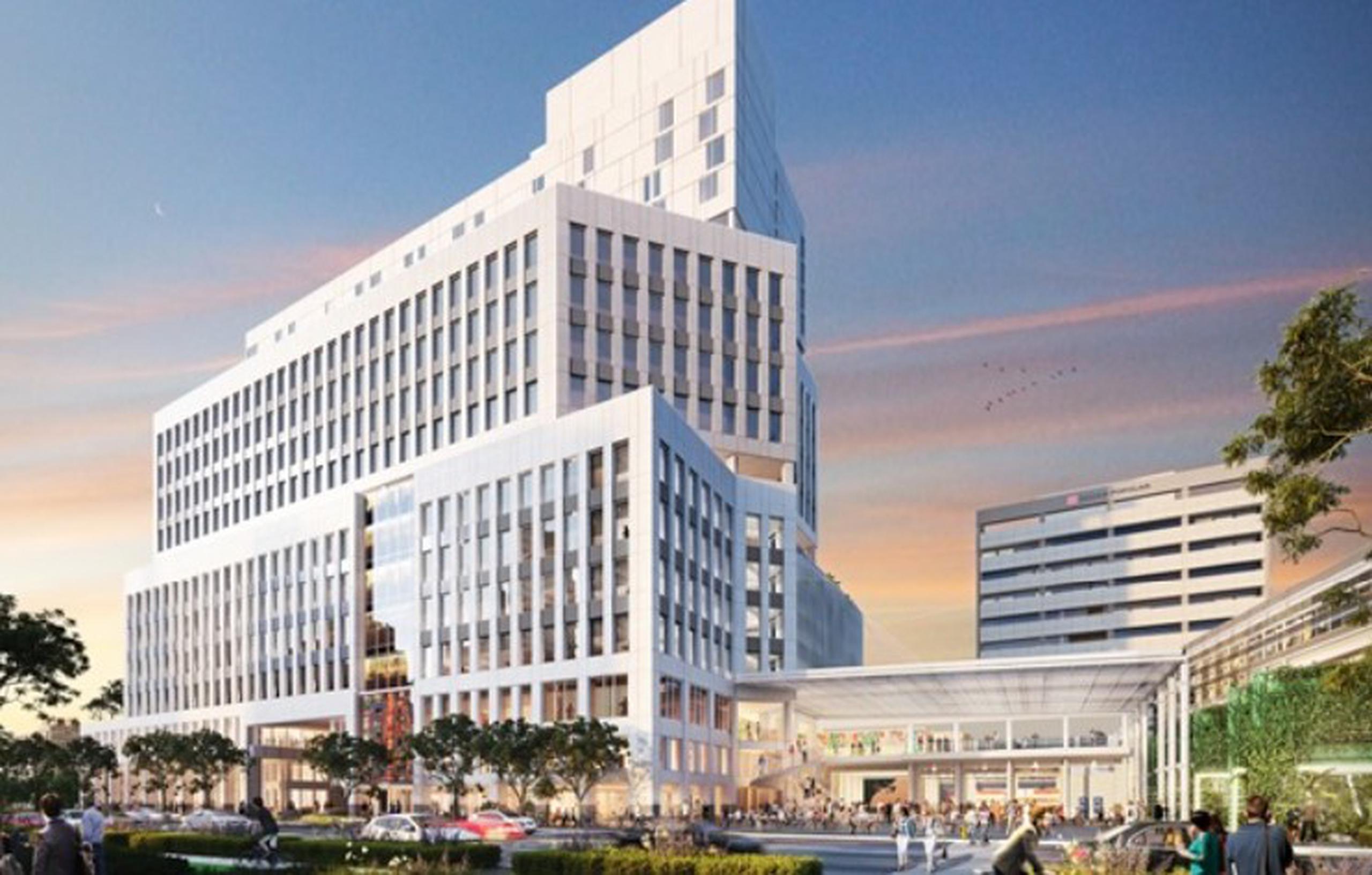 Ilustración de cómo quedará el proyecto que contará con 16 pisos, 250,000 pies cuadrados para oficinas administrativas y una plaza central.