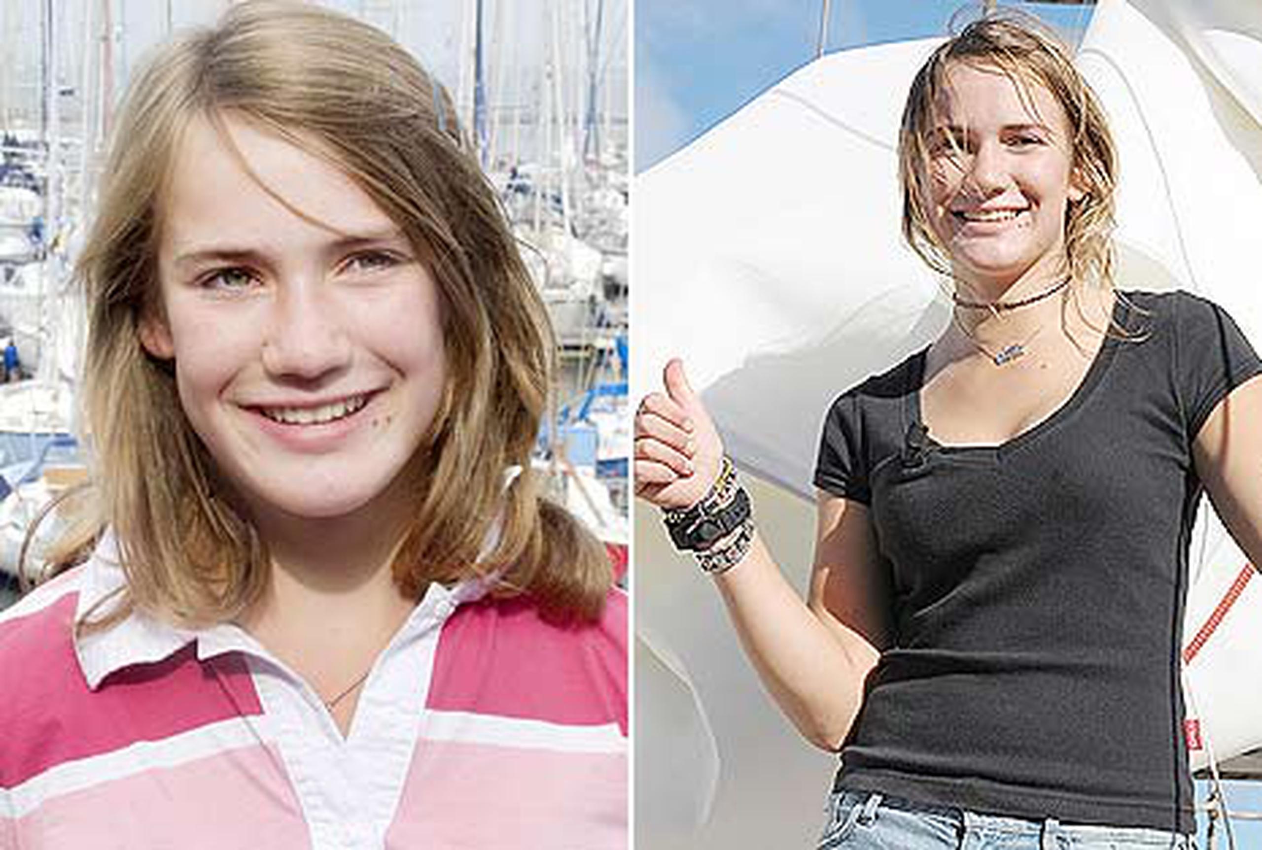 Foto de Laura Dekket a los 14 años, cuando acudió a los tribunales en 2010 para exigir su derecho de navegar en alta mar alrededor del mundo. A la derecha, Dekket al culminar su travesía que se extendió por un año y un día. (AFP/Marco De Stwart y Jean Michael Andre)