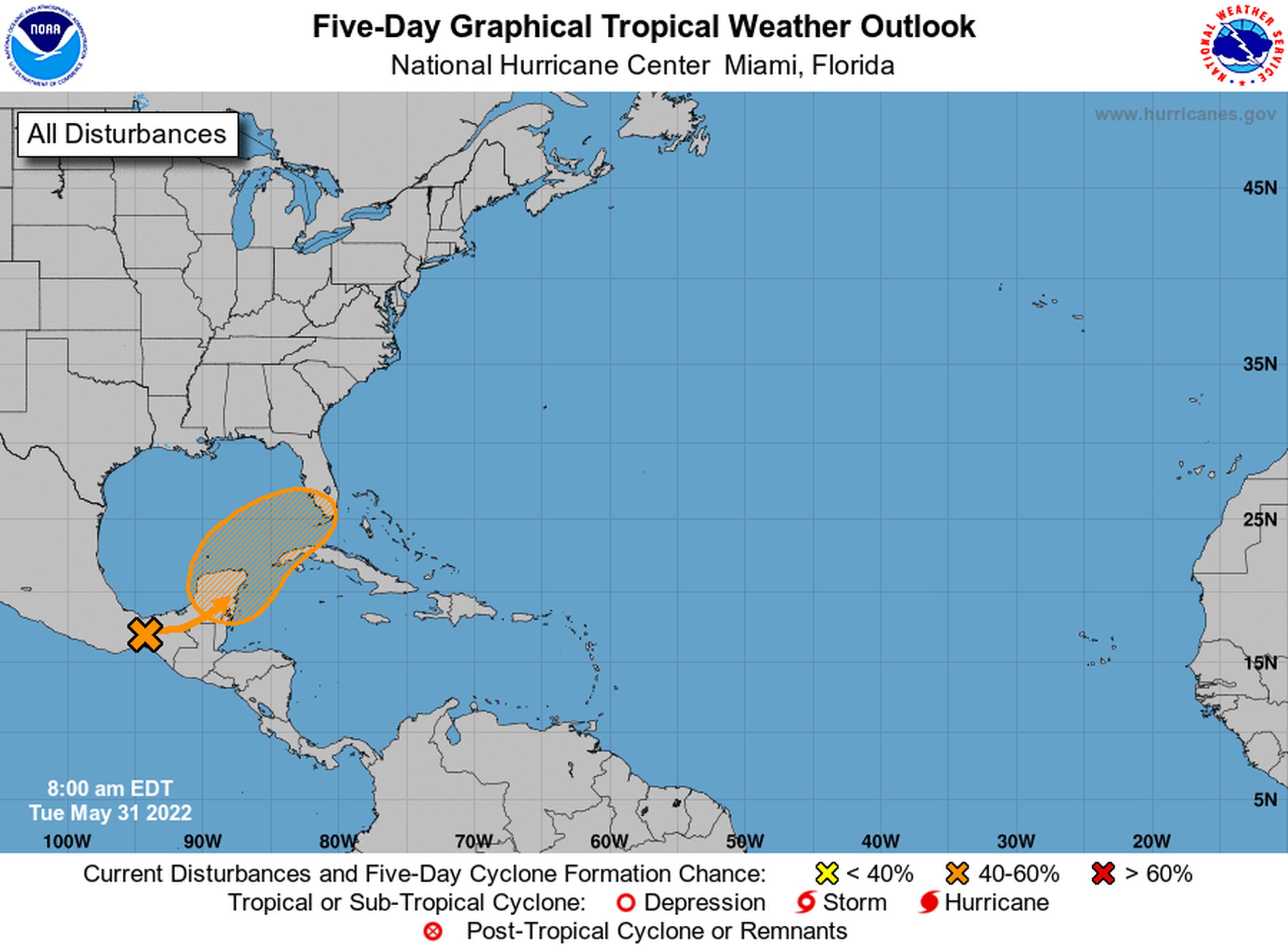 Los pronósticos para un periodo de cinco días indican que hay un 60% de probabilidades de que se desarrolle una tormenta con nombre en el Golfo de México.