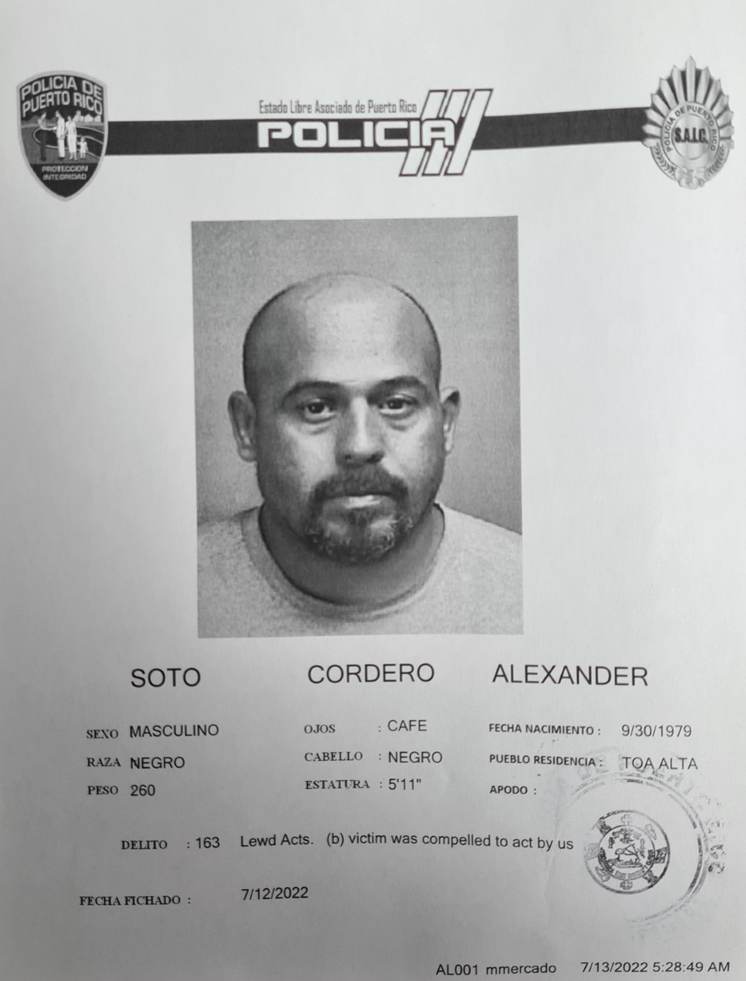 Alexander Soto Cordero fue acusado por un cargo de actos lascivos.