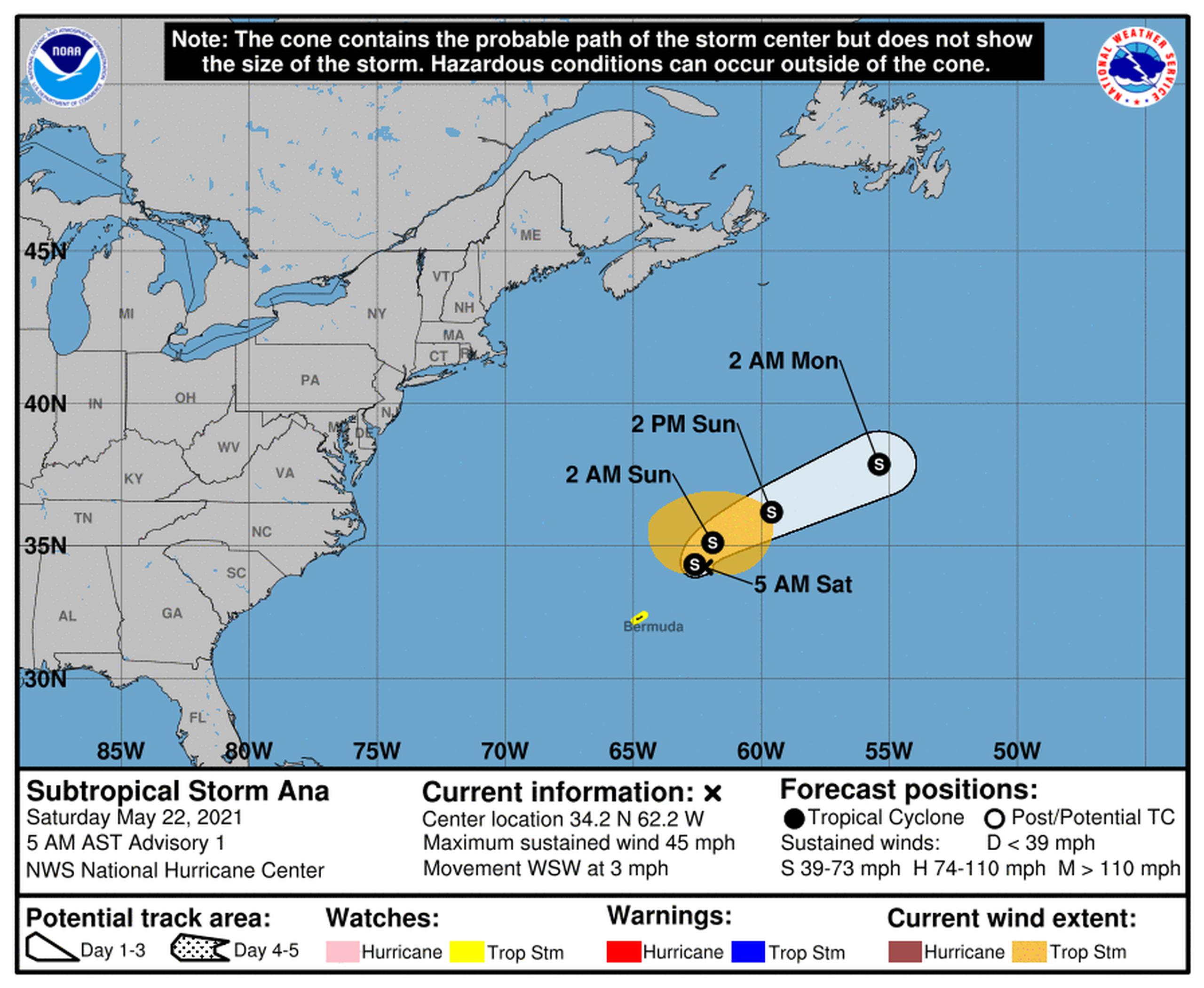 Cono de incertidumbre de la tormenta tropical Ana para este sábado, 22 de mayo de 2021.