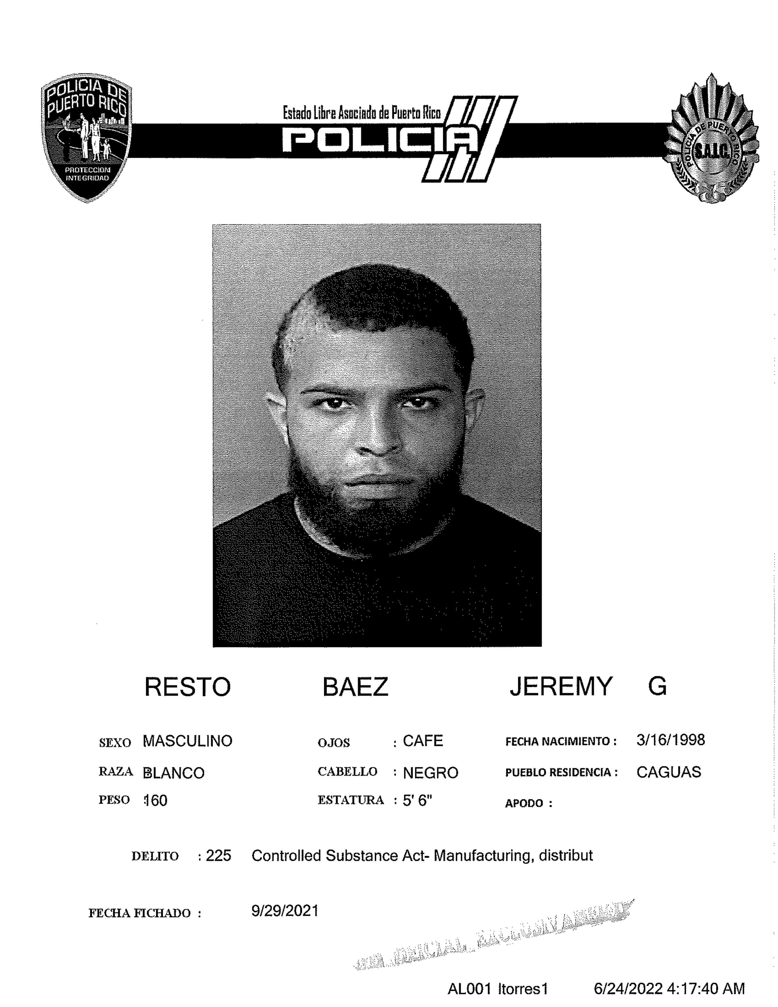 Ficha de Jeremy Gabriel Resto Báez, quien fue asesinado en Santurce el 23 de junio de 2022.
