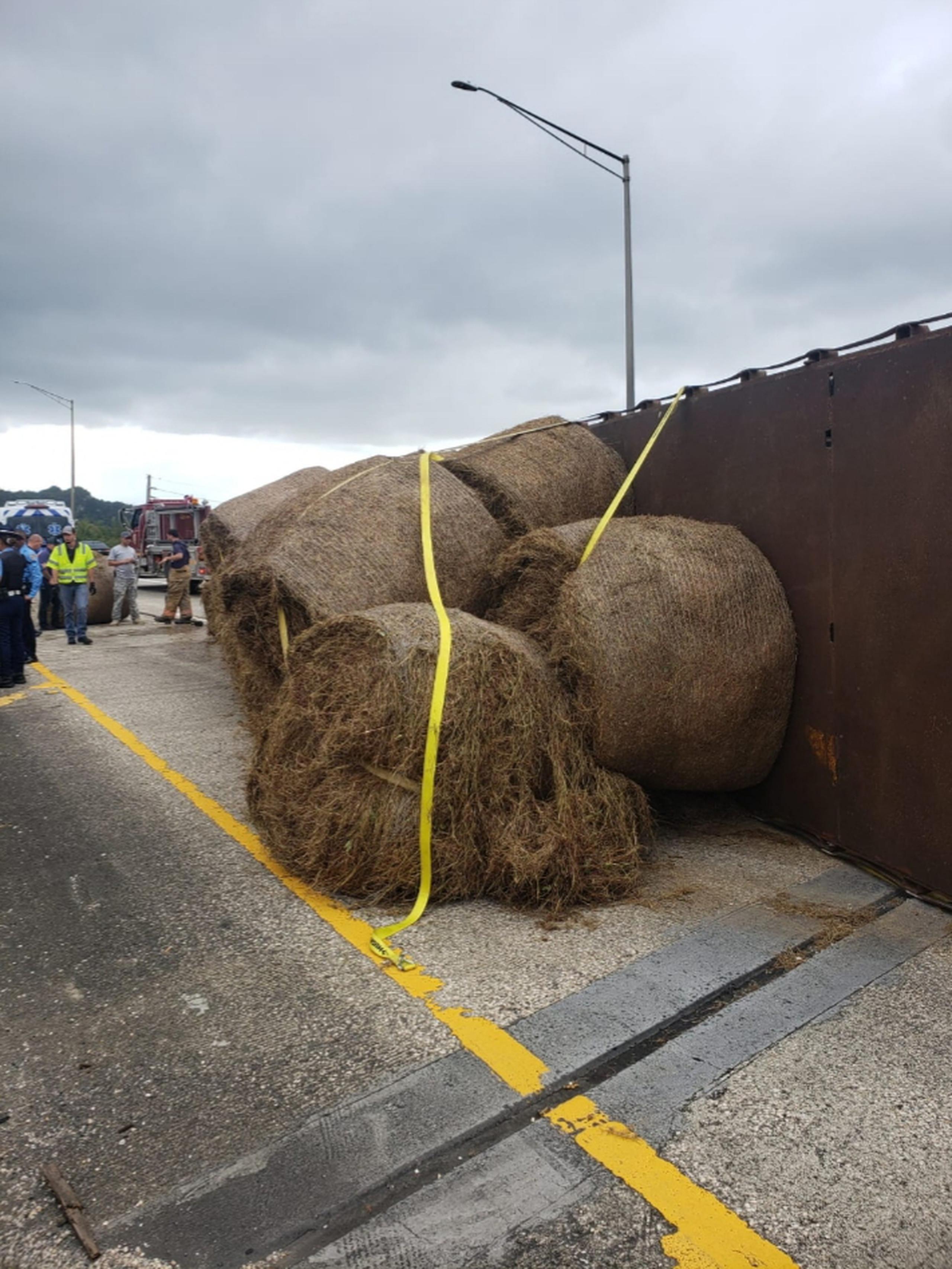 Un camión que transportaba heno se volcó en el kilómetro 32.7 de la autopista José de Diego, en Vega Alta.
