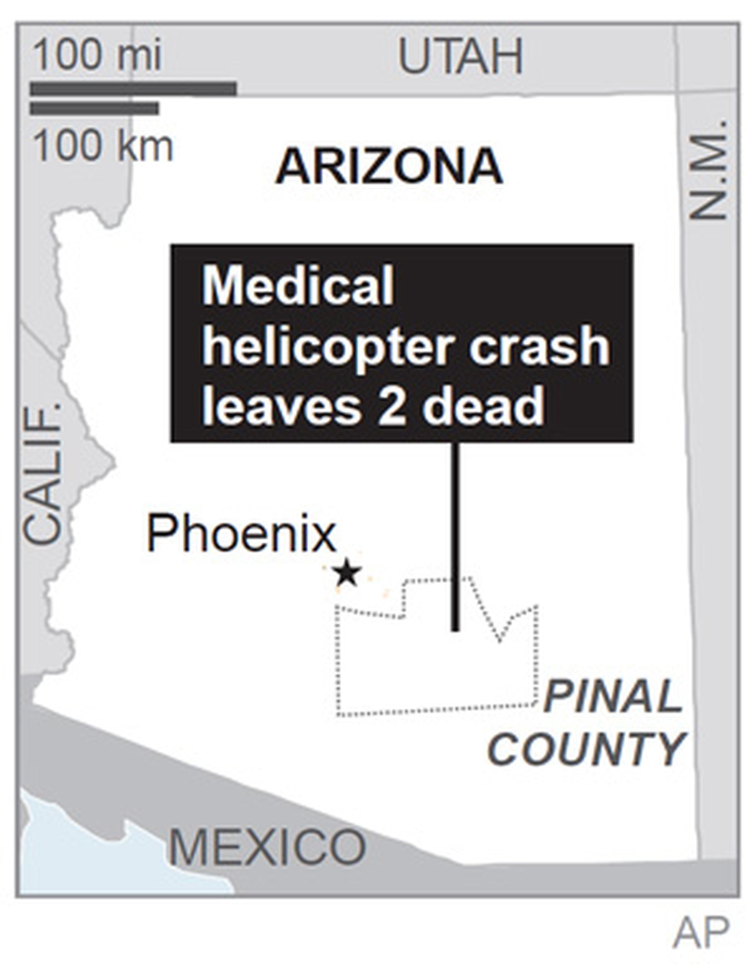 El helicóptero se precipitó por causas desconocidas en Pinal County, a unas 55 millas al este de Phoenix. (AP)
