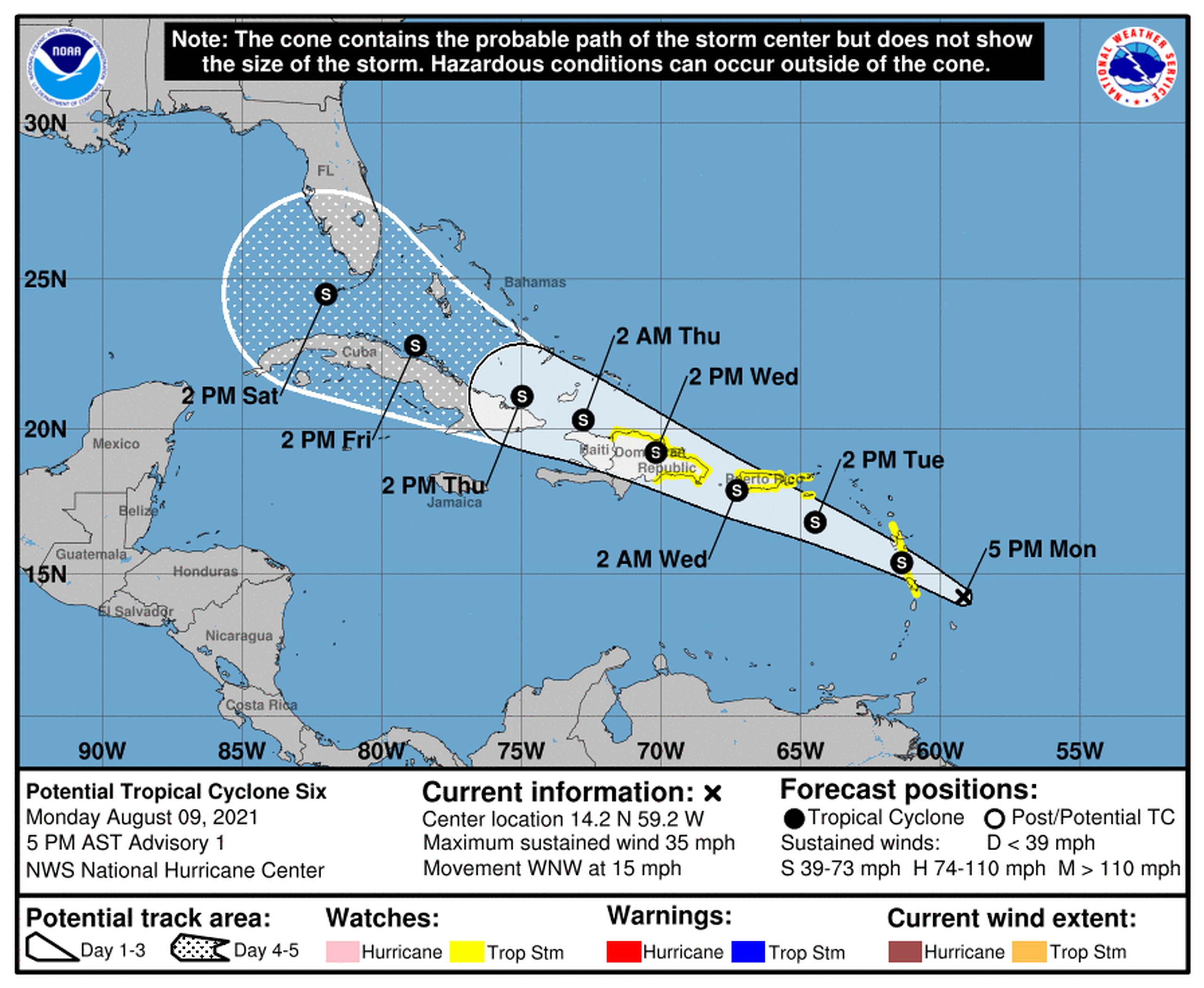 Imagen del cono de incertidumbre del Potencial Ciclón Tropical 6 y vigilancia de tormenta tropical para Puerto Rico.