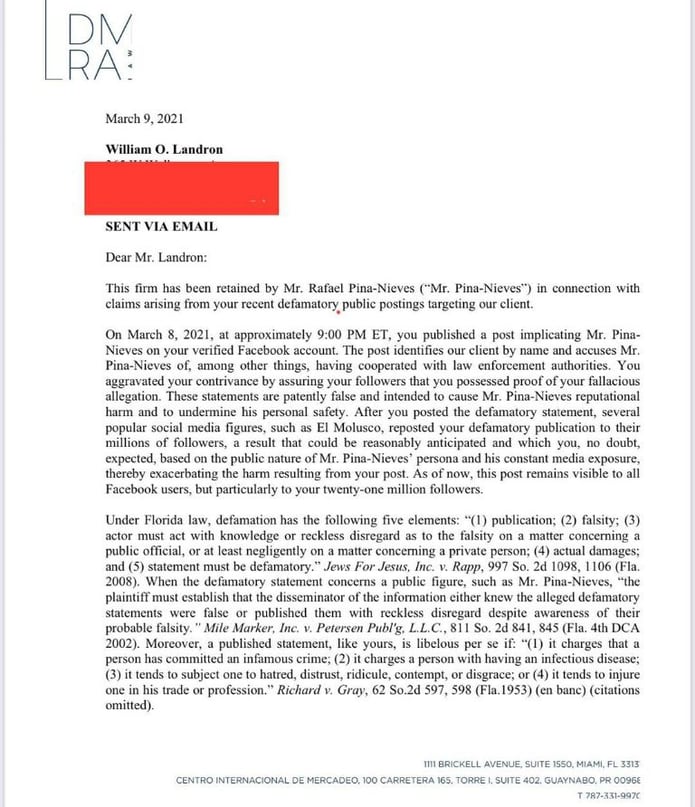 El productor compartió en sus redes sociales la carta que su representación legal le envió a Don Omar como  advertencia.