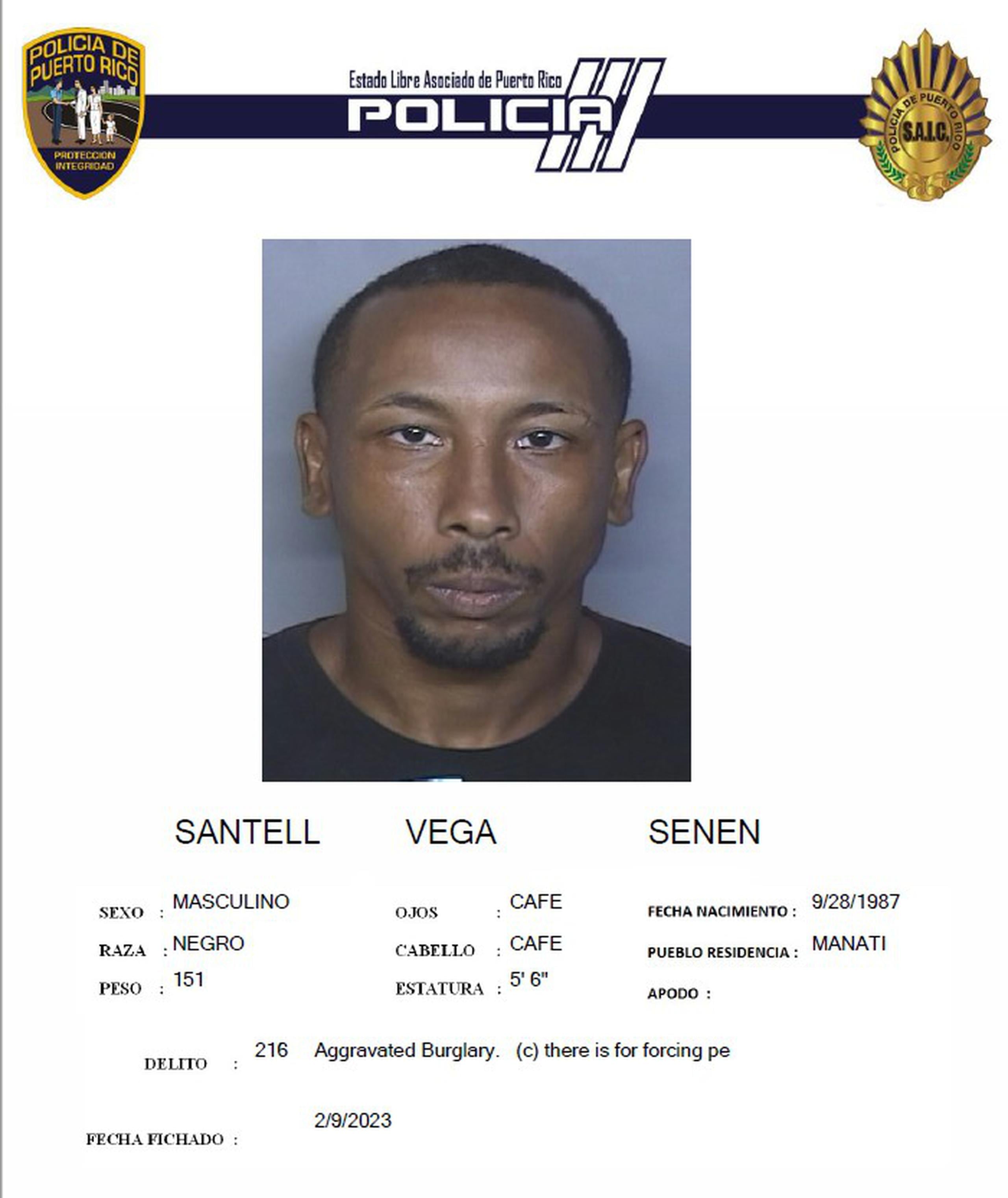 Ficha policíaca de Senen David Santell Vega.